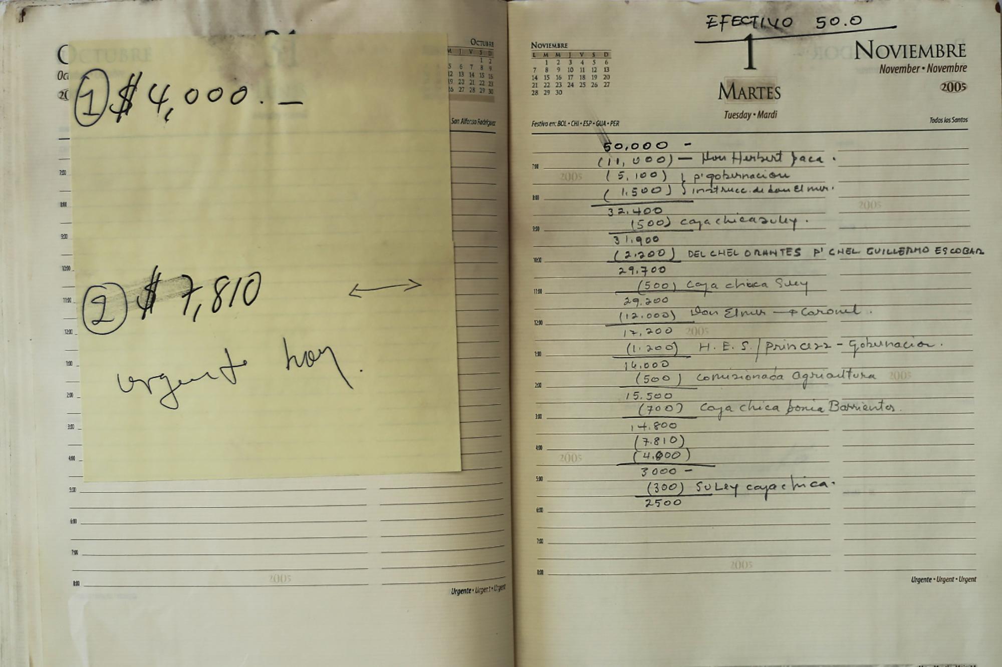 Esta agenda, escrita de puño y letra por un funcionario de la administración Saca, se llevaba la contabilidad paralela del año 2005 de la administración Saca. El 1 de noviembre de ese año, por ejemplo, se registra el nombre de Herbert Saca: 