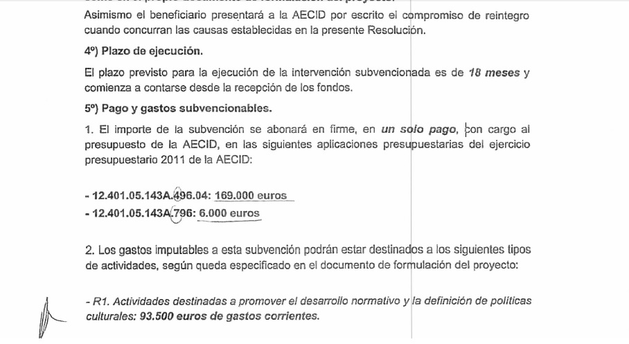 Detalle de desembolsos y de los montos asignados para cada propósito del acuerdo suscrito.