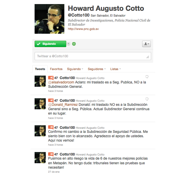 Captura de pantalla de la cuenta de Twitter de Howard Cotto, quien utiliza con frecuencia esta red social para comunicar y reaccionar ante diversos temas de su actividad policial﻿.