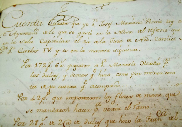 Las Heredia. Cuenta de pagos del Ayuntamiento a Manuela Heredia, por los refrescos servidos en la sala capitular, noviembre de 1789.