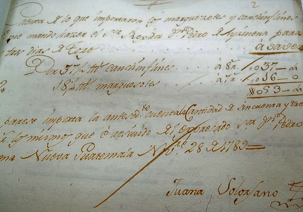 Juana Solórzano recibió 53 pesos por los marquesotes y los cachinflines que se usaron en los tres días de corridas de toros como víspera para la ceremonia de jura﻿. Firmó el recibo el 28 de noviembre de 1789.﻿" /></div> <figcaption class=