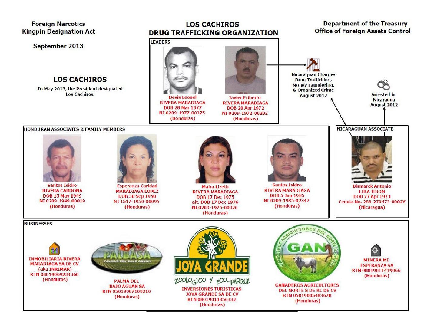Estructira del Cártel de Los Cachiros, según el Departamento del Tesoro de Estados Unidos. En la cúspide, los hermanos Rivera Madariaga. El de la izquierda, en blanco y negro, es Devis Leonel, quien desde el año 2013 colabora con la Fiscalía estadounidense. Foto AFP.