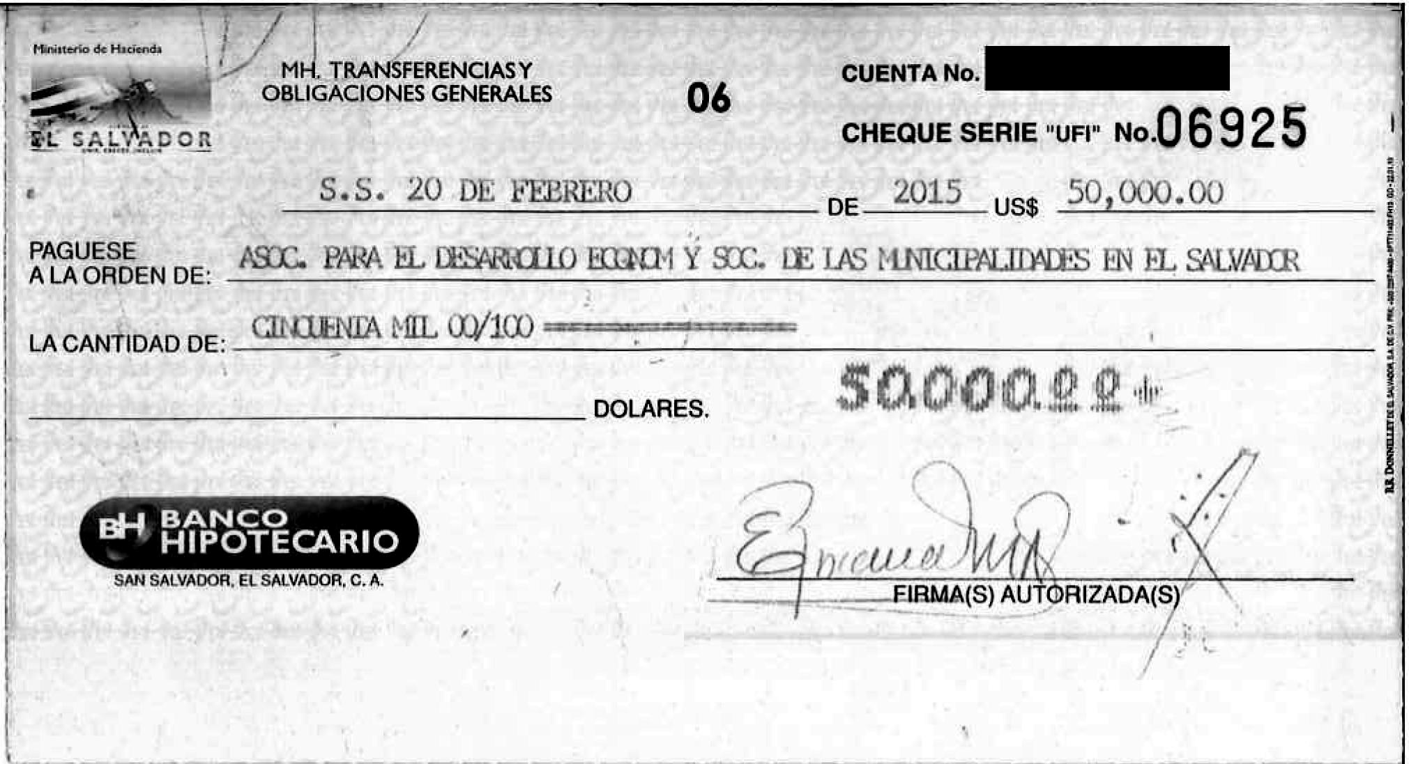 El segundo cheque para la asociación fundada por la esposa del diputado Gallegos también fue entregado a la actual presidenta de la junta directiva de Apdemes, Ana Dolly Valiente, asesora del diputado Gallegos. Fuente: cheque entregado por el Ministerio de Hacienda a través de la ley de acceso a la información pública. 