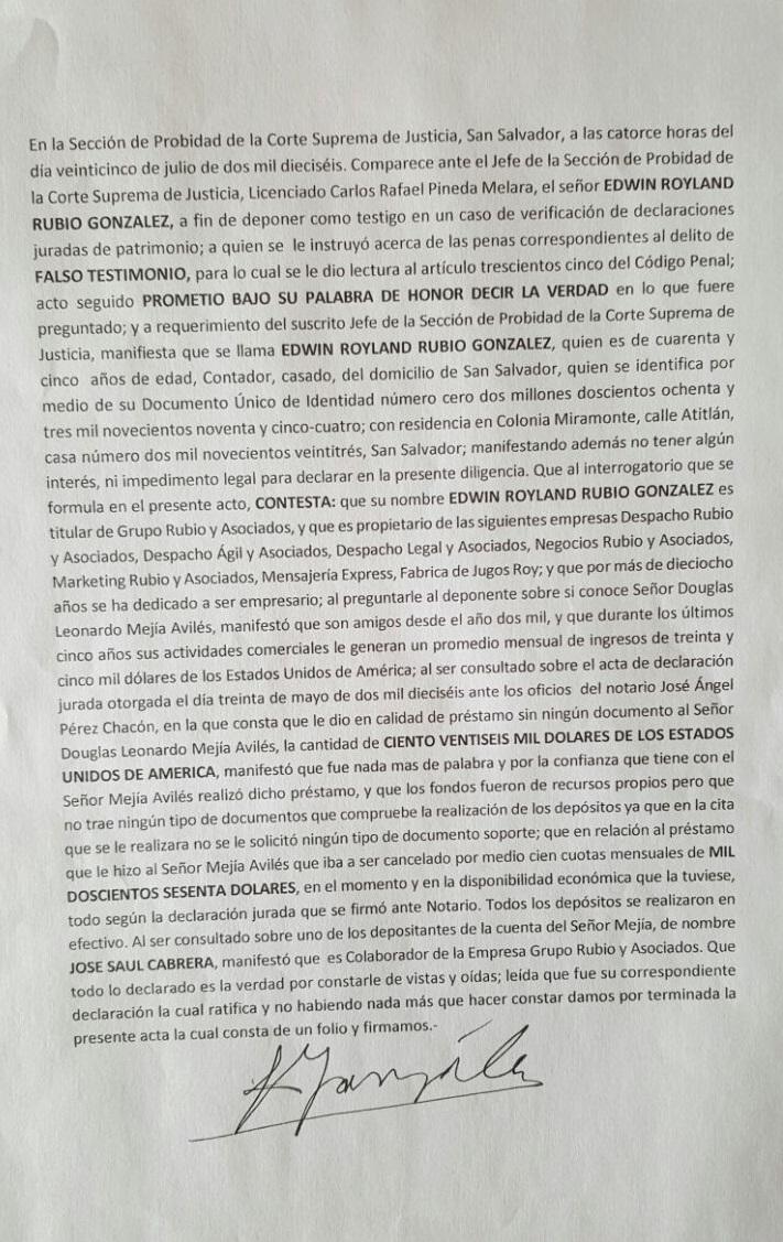 Esta es la declaración jurada de Edwin Royland Rubio con la que pretende probar que él y el exdiputado de Cambio Democrático son amigos y que por eso acordó prestarle 126,000 dólares en 2012. La Sección de Probidad ha dicho, en un informe preliminar, que no hay más pruebas que respalden esta versión. 