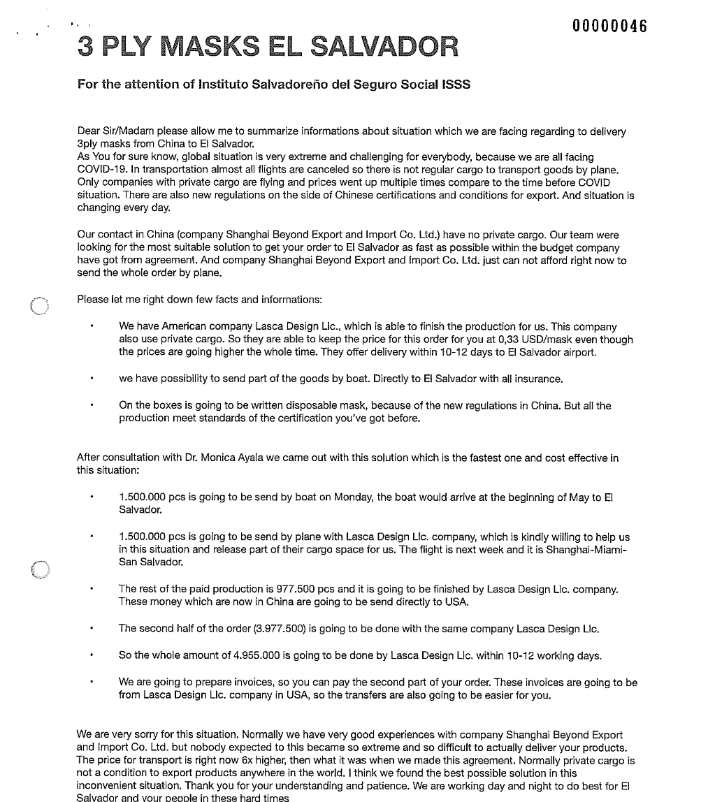 Carta del 13 de abril de Jana Nemcova enviada al ISSS, Minsal y Mined. La intermediaria de la empresa china comunica que no cuenta con la capacidad de entregar las mascarillas y recomienda a las instituciones la contratación de Lasca Design para terminar el trabajo. La carta menciona que la titular de la Dirección Nacional de Medicamentos aprueba esta recomendación.