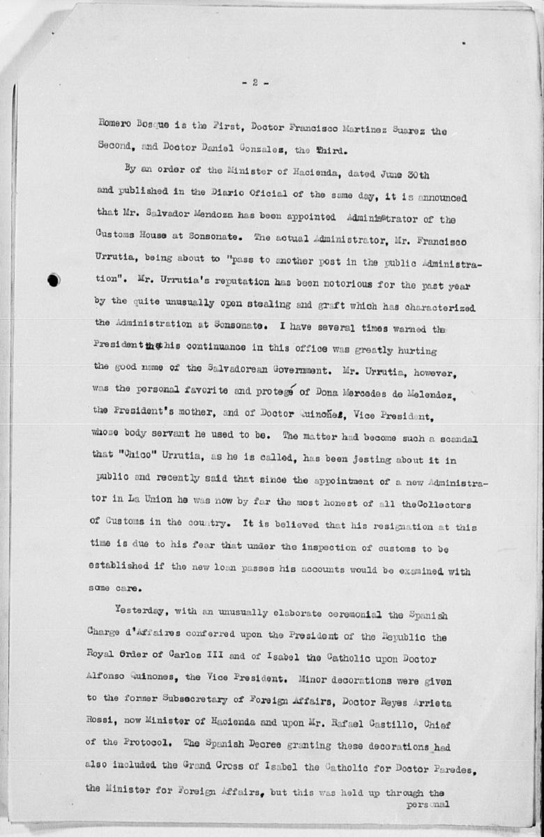 Informe de Montgomery Schuyler, representante diplomático de Estados Unidos en El Salvador en 1922, al secretario de Estado de aquel país.