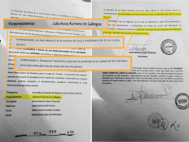 Copia del registro original de inscripción de la nueva junta directiva de APDEMES, presentado al Ministerio de Gobernación el 12 de enero de 2015. En el documento se narra que Julia Nora Romero de Gallegos, esposa del diputado Guillermo Gallegos, fue electa como vicepresidenta de APDEMES el 18 octubre de 2014 para un periodo de tres años.