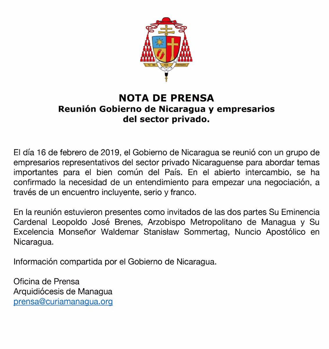 La Arquidiócesis de Managua anunción que el gobierno de Nicaragua se sentó a dialogar con el sector privado el sábado 16 de febrero de 2019.