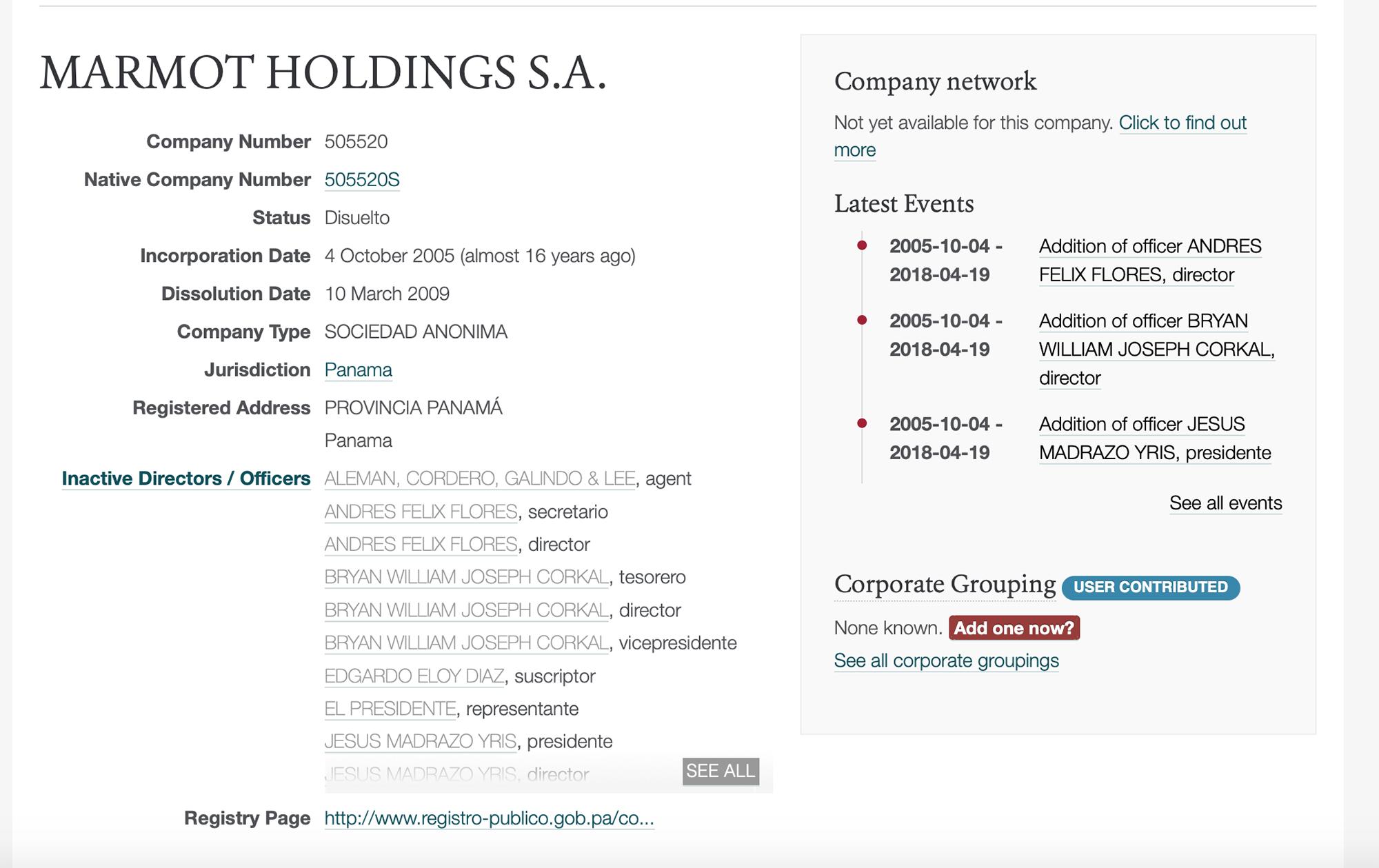 Imagen de la base de datos de Open Corporates donde aparece la información de la compañía Marmot Holdings S.A., creada por el bufete Alemán, Cordero, Galindo and Lee. 