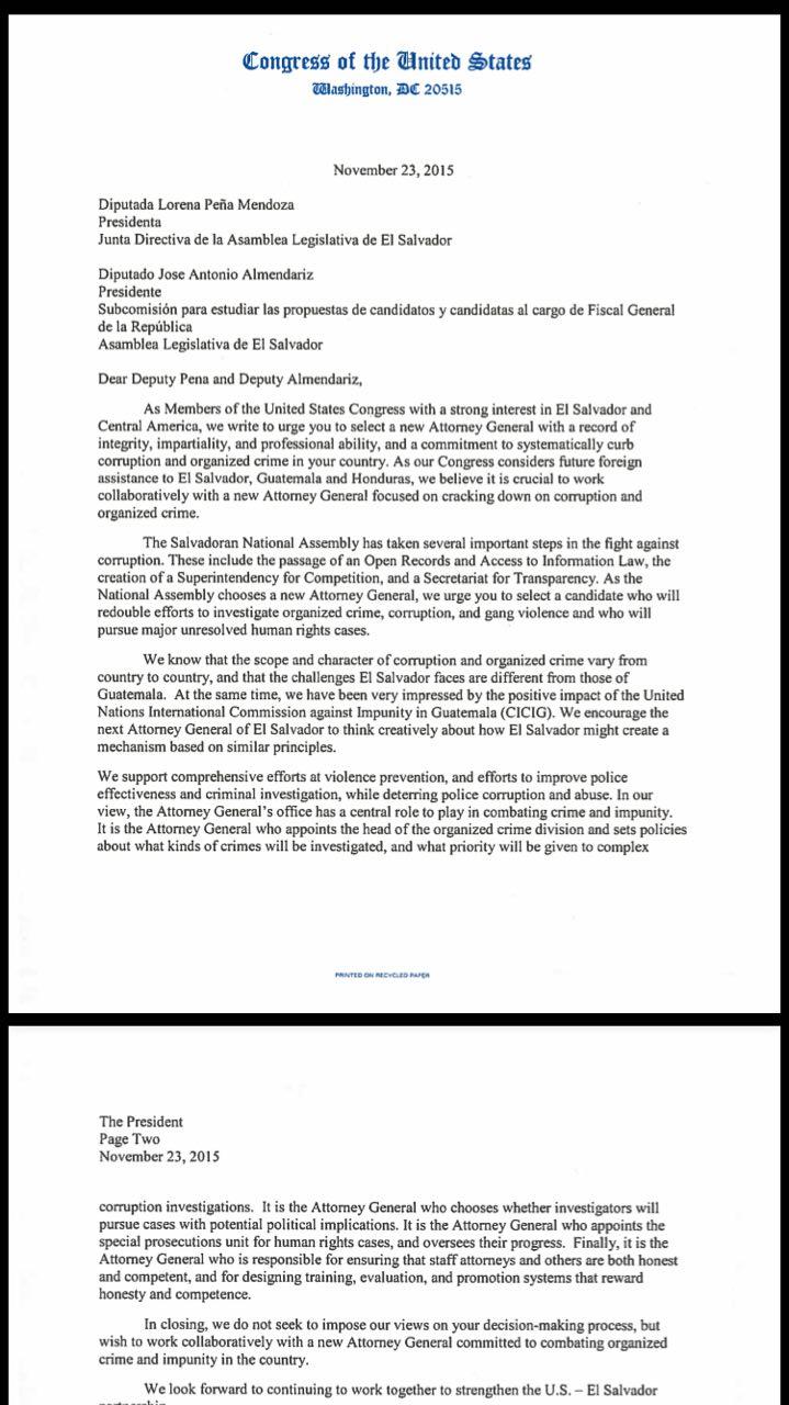 Carta enviada por seis congresistas estadounidenses a la Asamblea Legislativa, en noviembre de 2015. Presionan que se elija un nuevo fiscal en sustitución de Luis Martínez, quien terminó su mandato el 4 de diciembre de 2015.