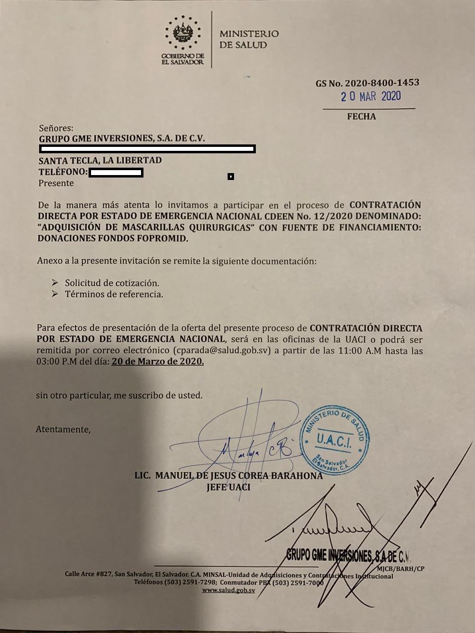 El ministerio de Salud invitó a la empresa Grupo GME Inversiones S.A. de C.V. a presentar una cotización para la provisión de mascarillas, el 20 de marzo de 2020. Ese mismo día, horas después, el contrato de 344,00 dólares fue asignado de manera directa. La empresa, sin embargo, no tenía experiencia vendiendo insumos médicos. El documento fue enviado a El Faro por Manuel Escalante, administrador único propietario de la sociedad.