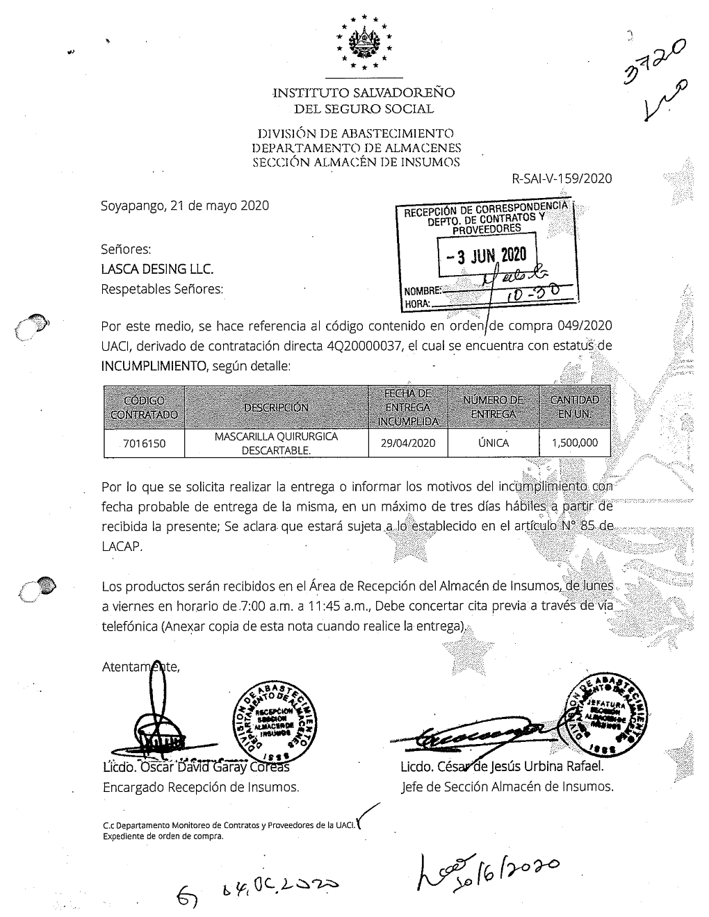 Reporte de la unidad de abastecimiento del 21 de mayo que certifica que Lasca Design incumplió la entrega de 1.5 millones de mascarillas al ISSS.