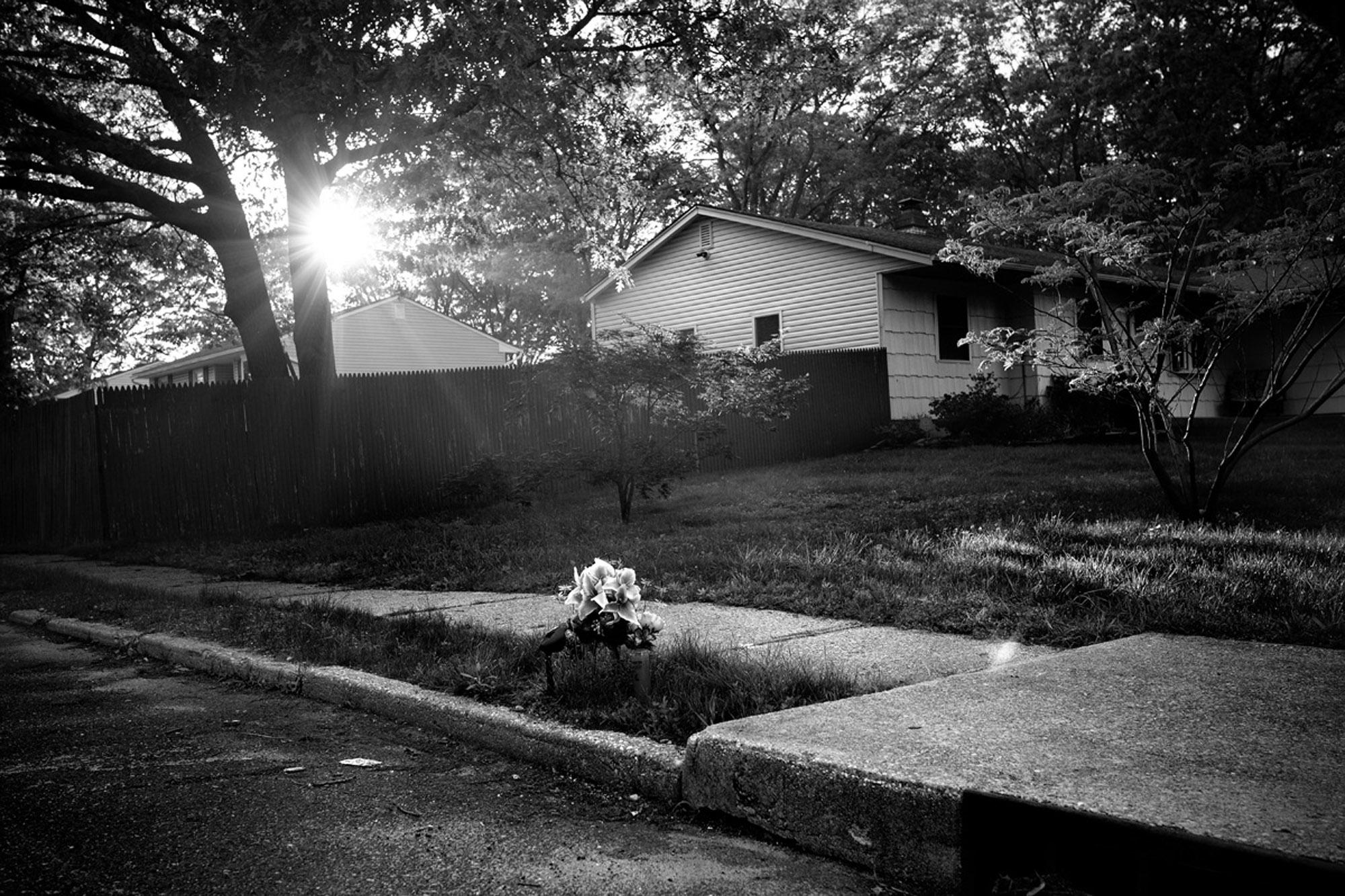 Flores que recuerdan el lugar donde fue asesinada Keyla Cuevas, una de las víctimas de la Mara Salvatrucha en Brentwood, Long Island, según la versión policial. Foto de Edu Ponces / Ruido Photo. Vea el fotorreportaje que acompaña esta entrega: 