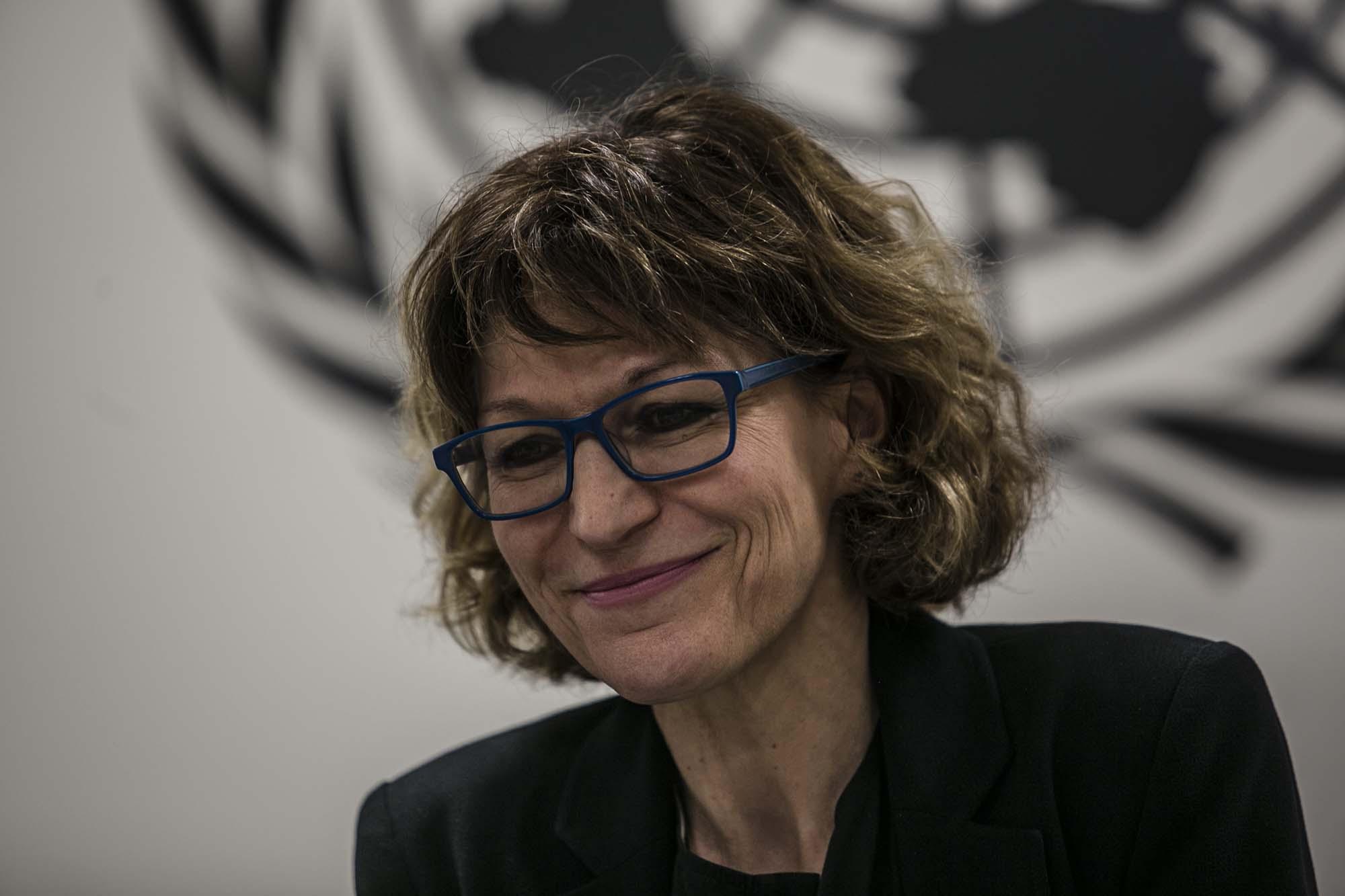 Agnes Callamard, relatora especial de la ONU para ejecuciones extrajudiciales, durante una conferencia de prensa el lunes 5 de febrero de 2018, en la sede del PNUD, en Antiguo Cuscatlán. Foto: Fred Ramos