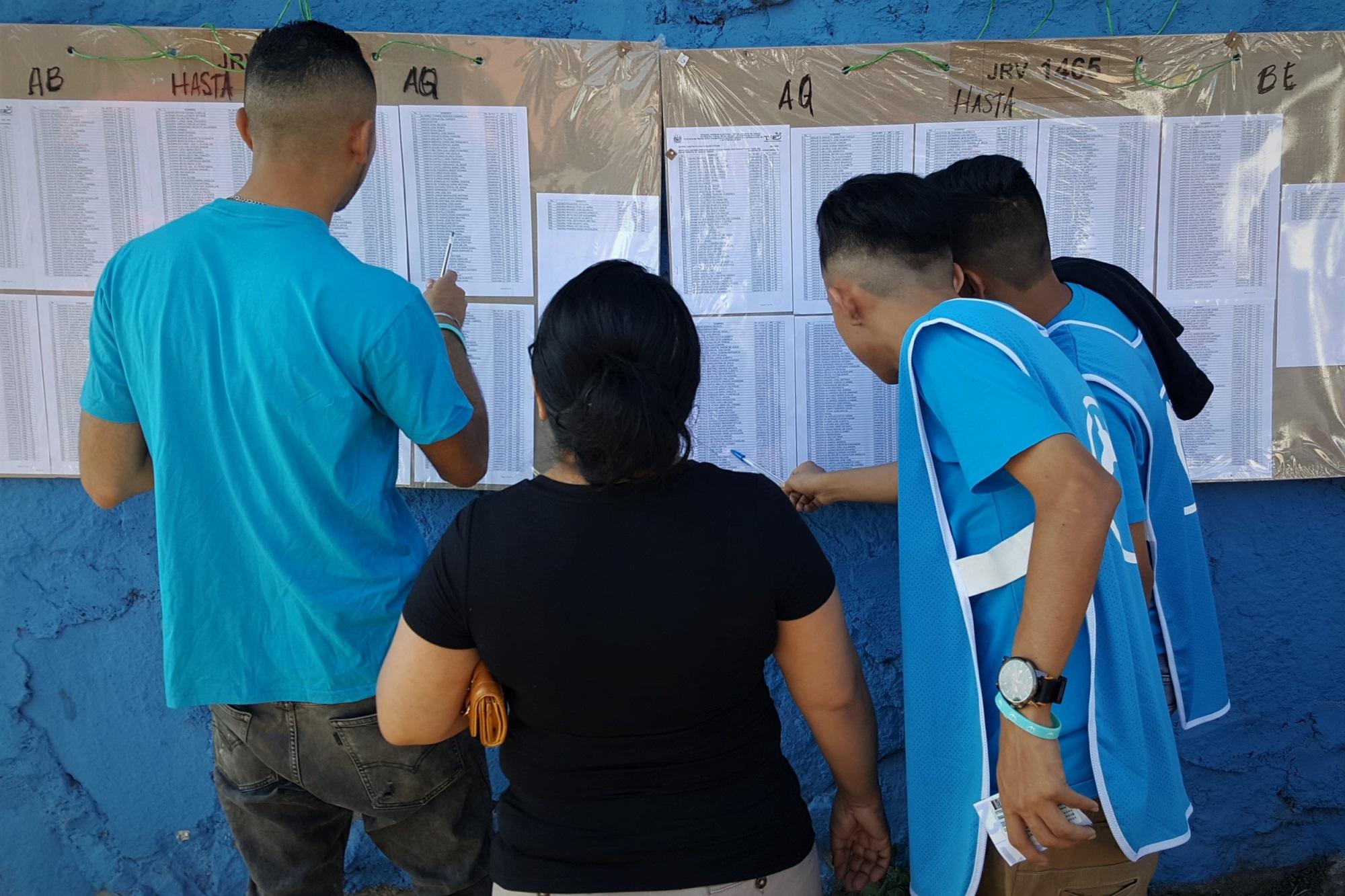 Tres activistas de Nuevas Ideas ayudan a una mujer, junto al portón de ingreso al Centro Escolar Ciudad Futura, a saber en qué Junta Receptora de Voto le toca votar. Dos de cada tres electores apoyaron a Bukele en esta colonia. Foto Roberto Valencia.