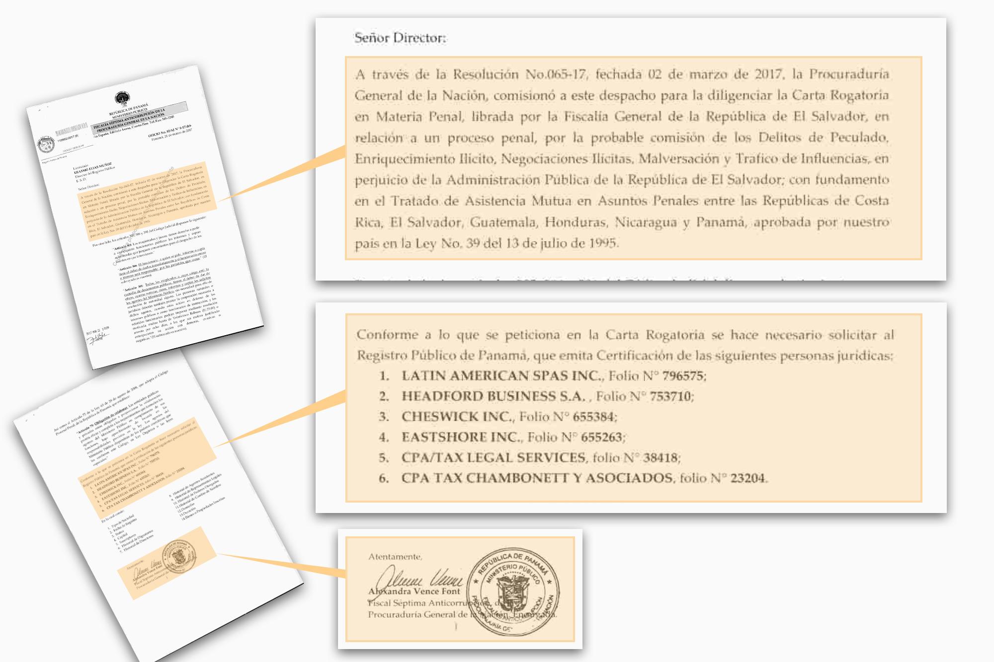 La Fiscalía de El Salvador envió dos suplicatorios (solicitud de investigación) a Panamá, uno en 2017 y otro en 2018. La Fiscalía Séptima Anticorrupción investigó las empresas y cuentas relacionadas a la corrupción de Funes.