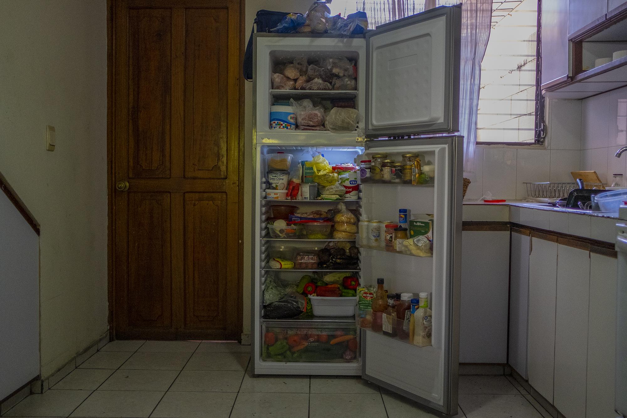 Refrigerador de una familia de la residencial Altos de Santa Elena, Antiguo Cuscatlán. El refrigerador contiene alimentos para dos personas. Los ingresos de la familia son de $5,000 mensuales. Su última compra en el supermercado, para pasar la cuarentena, fue de $300. El contenido es, entre algunas cosas: cortes de carne, vegetales y aderezos para una dieta variada. Una persona de esta familia apareció beneficiada con los $300 de ayuda que entrega el gobierno debido a la crisis. Esa persona decidió no cobrar el dinero. De momento, no han depositado a su cuenta. Y, de ocurrir, asegura que lo devolvería de alguna manera. 