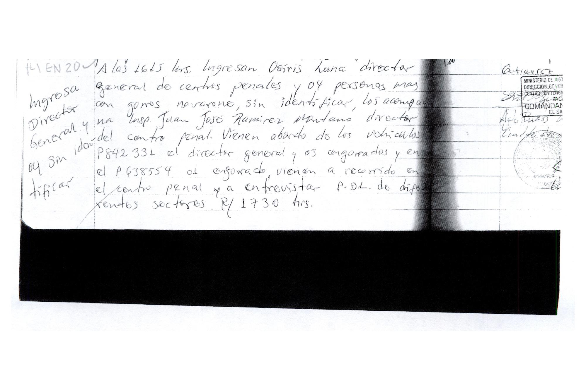 4:15 to 5:30 pm on January 14, 2020 in Zacatecoluca. Luna and the warden returned to the prison with another “four unidentified men wearing balaclavas.” At 4:15 pm, according to the logbook, “the director [Luna] and three masked men” entered the premises in vehicle P842-331 and “another masked man” in vehicle P638-554. They said they were going to “interview prisoners in different sectors” and left at 5:30 in the afternoon. El Faro confirmed that Dennis Fernando Salinas Bermúdez purchased vehicle P842-331 on February 23, 2019 for $14,000. Salinas Bermúdez is deputy director of Tejido Social, the office run by Carlos Marroquín under the Ministry of Government. Bermúdez was a professional goalkeeper for various Salvadoran teams, including Alianza, FAS, Balboa, Firpo, and Marte, and is now a candidate for deputy of San Salvador for Nuevas Ideas in the 2021 elections, having received the fourth-highest vote total in the party’s primary.