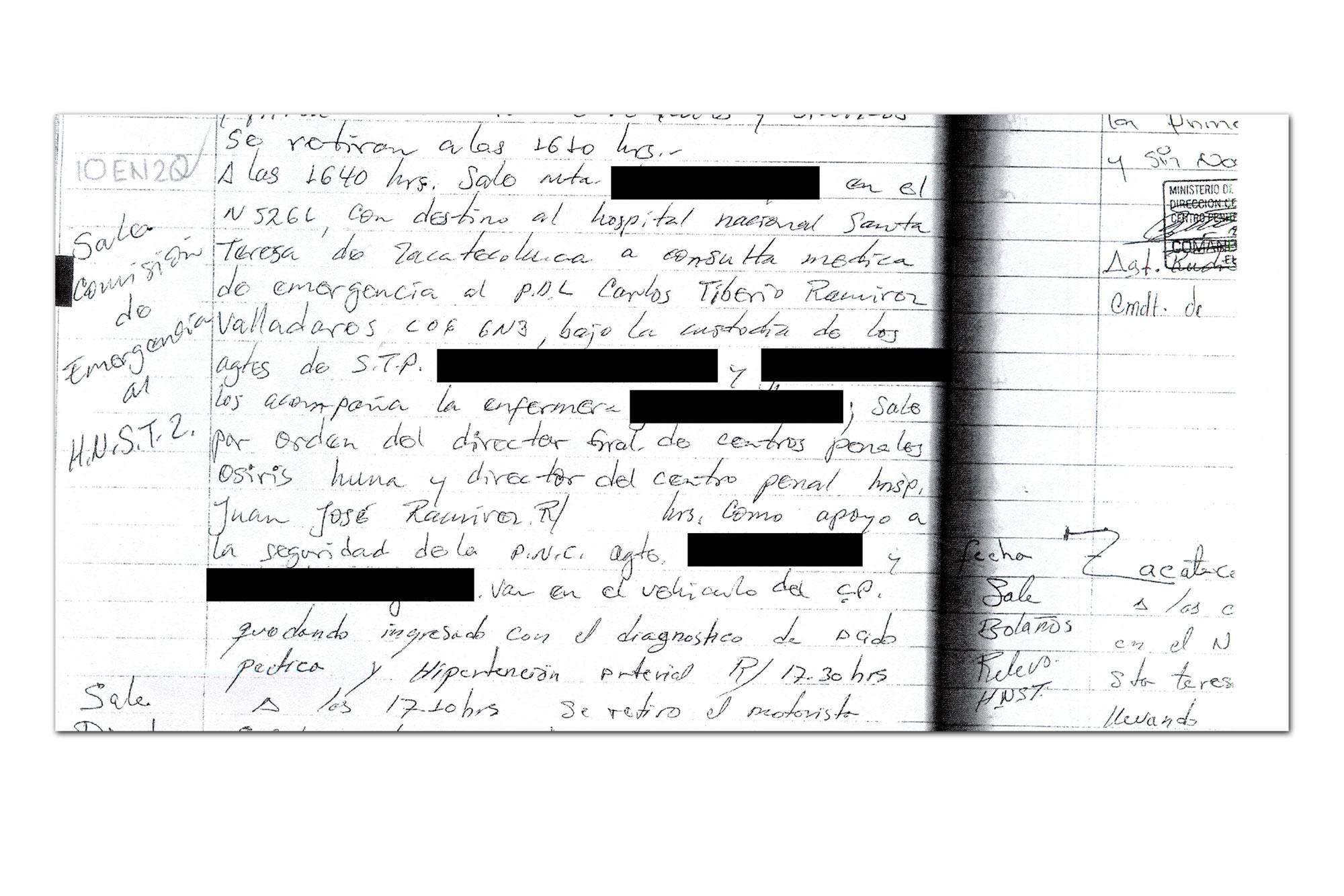 Documento del libro de novedades donde quedó registro de la salida de Snyder hacia el hospital de Zacatecoluca el 10 de enero de 2020 y por orden de Osiris Luna. Por razones de su seguridad, El Faro ha ocultado los nombres de empleados públicos que participaron del traslado.