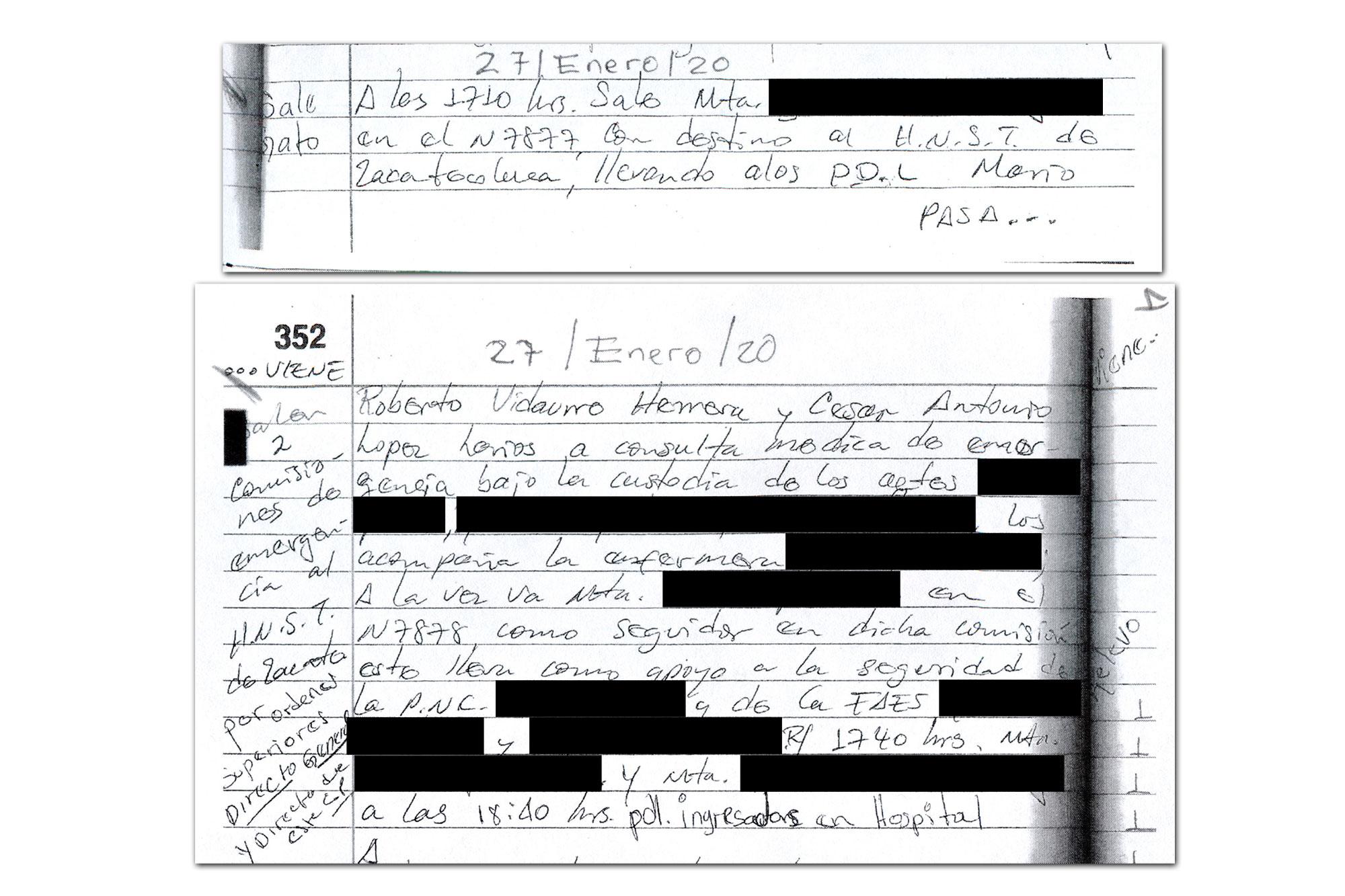 Páginas del libro de novedades del penal de Zacatecoluca del 27 de enero de 2020 donde consta la salida de dos ranfleros de la MS-13 por órdenes del director general Luna: Mario Roberto Vidaurro Herrera, alias “Skyny de Stoner” y César Antonio López Larios, alias “Greñas de Stoner”. Por razones de su seguridad, El Faro ha ocultado los nombres de empleados públicos que participaron del traslado.