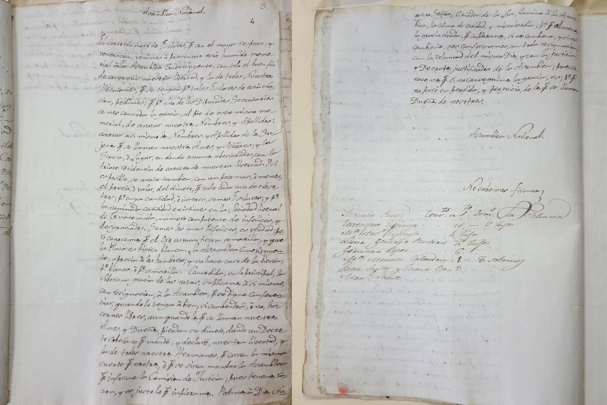 Carta dirigida a la Asamblea Nacional en 1823. A partir de estas ideas planteadas y del documento de los esclavos centroamericanos, es posible comprender el impacto de los ultrajes del tráfico de humanos, el lenguaje del espacio público ibérico y los cambios de mentalidad propiciados por la oposición a las monarquías europeas en el mundo, que llevaron a promover el movimiento abolicionista que, para el caso de Centroamérica, fue muy rápido y de golpe. Foto de El Faro.