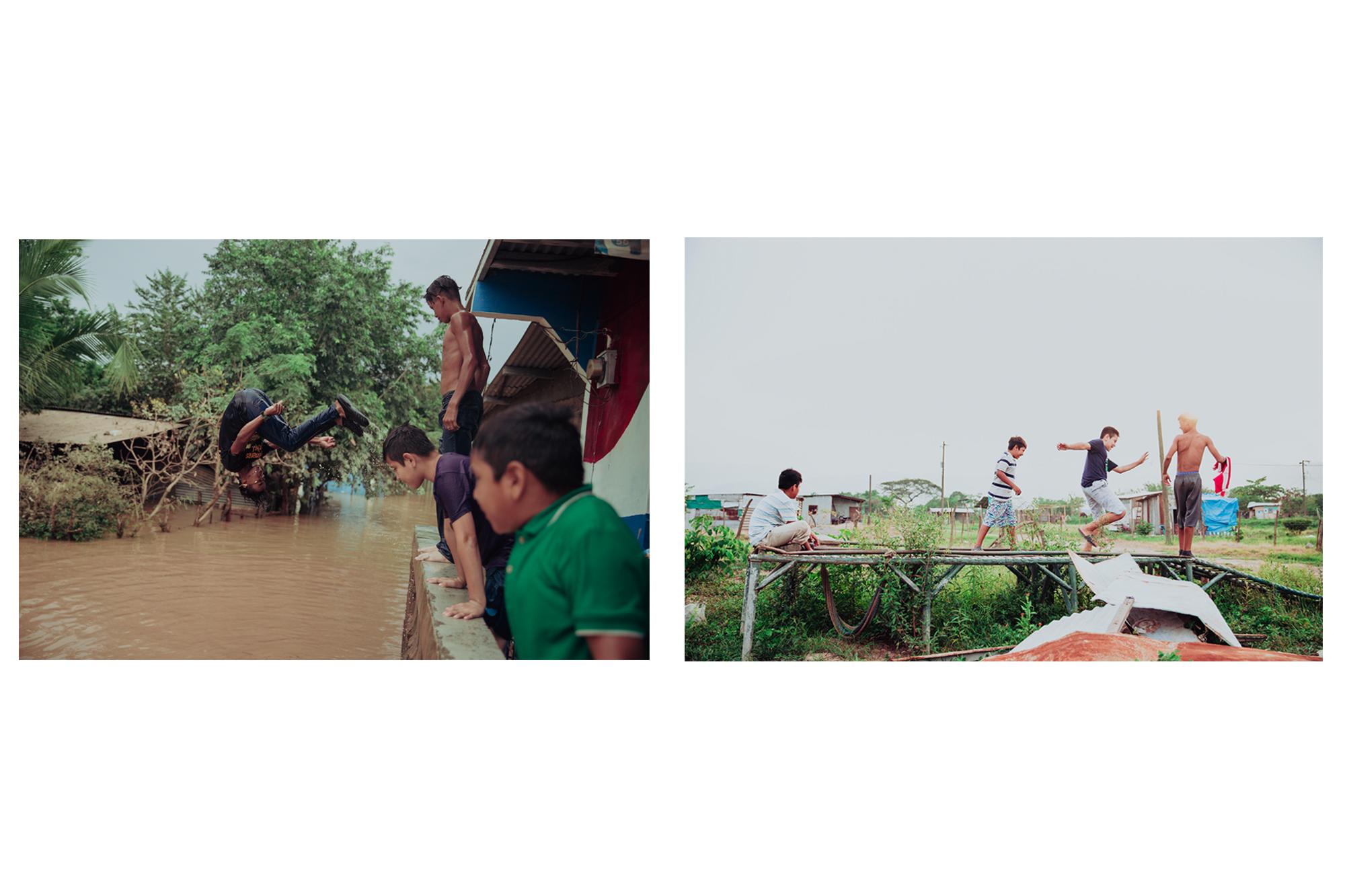 Los niños de la comunidad Nueva Esperanza 2 juegan en las calles menos afectadas por Iota en 2020, en el municipio de Villanueva (izquierda). Seis meses después, los mismos niños regresaron a su hogar, y ahora juegan en lo que quedó de un taller en la comunidad.