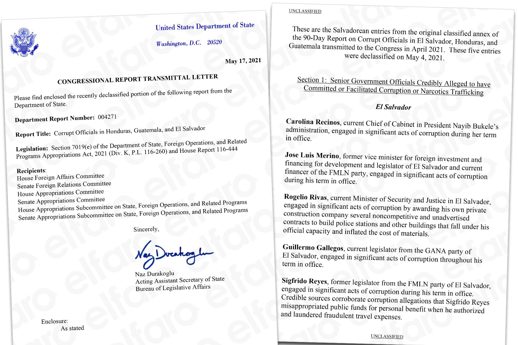 La carta enviada este lunes 17 por el departamento de Estado al Congreso de Estados Unidos, y la lista desclasificada que señala a Carlonia Recinos, José Luis merino, Rogelio Rivas, Guillermo Gallegos y Sigfrifo Reyes como funcionarios bajo sospecha creíble de corrupción.