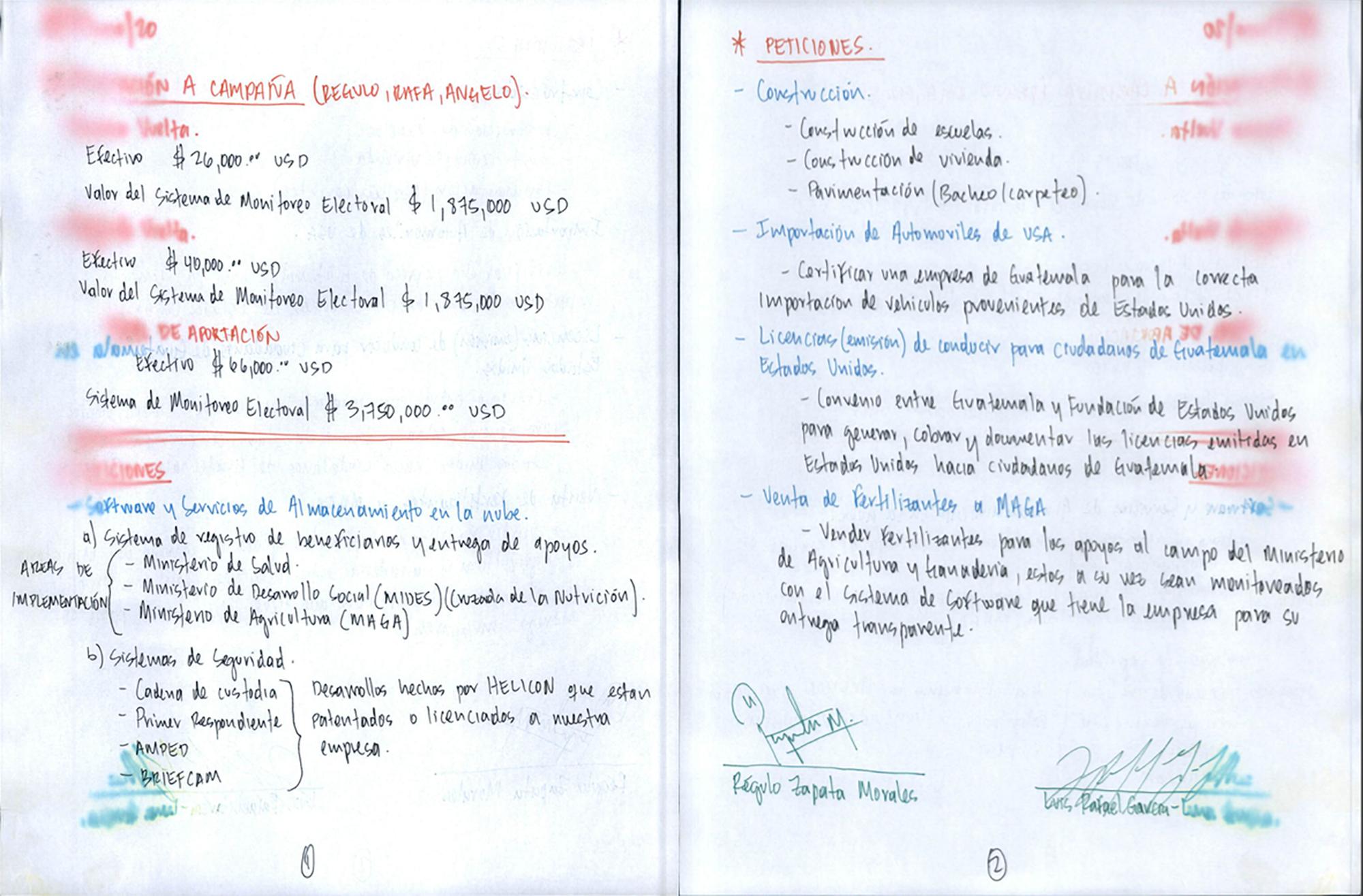 Documento incautado por el Ministerio Público en la vivienda de Giorgio Bruni, exsecretario Privado de Alejandro Giammattei, en el que se describen supuestos aportes ilegales a la campaña presidencial a cambio de contratos públicos. Foto de El Faro.