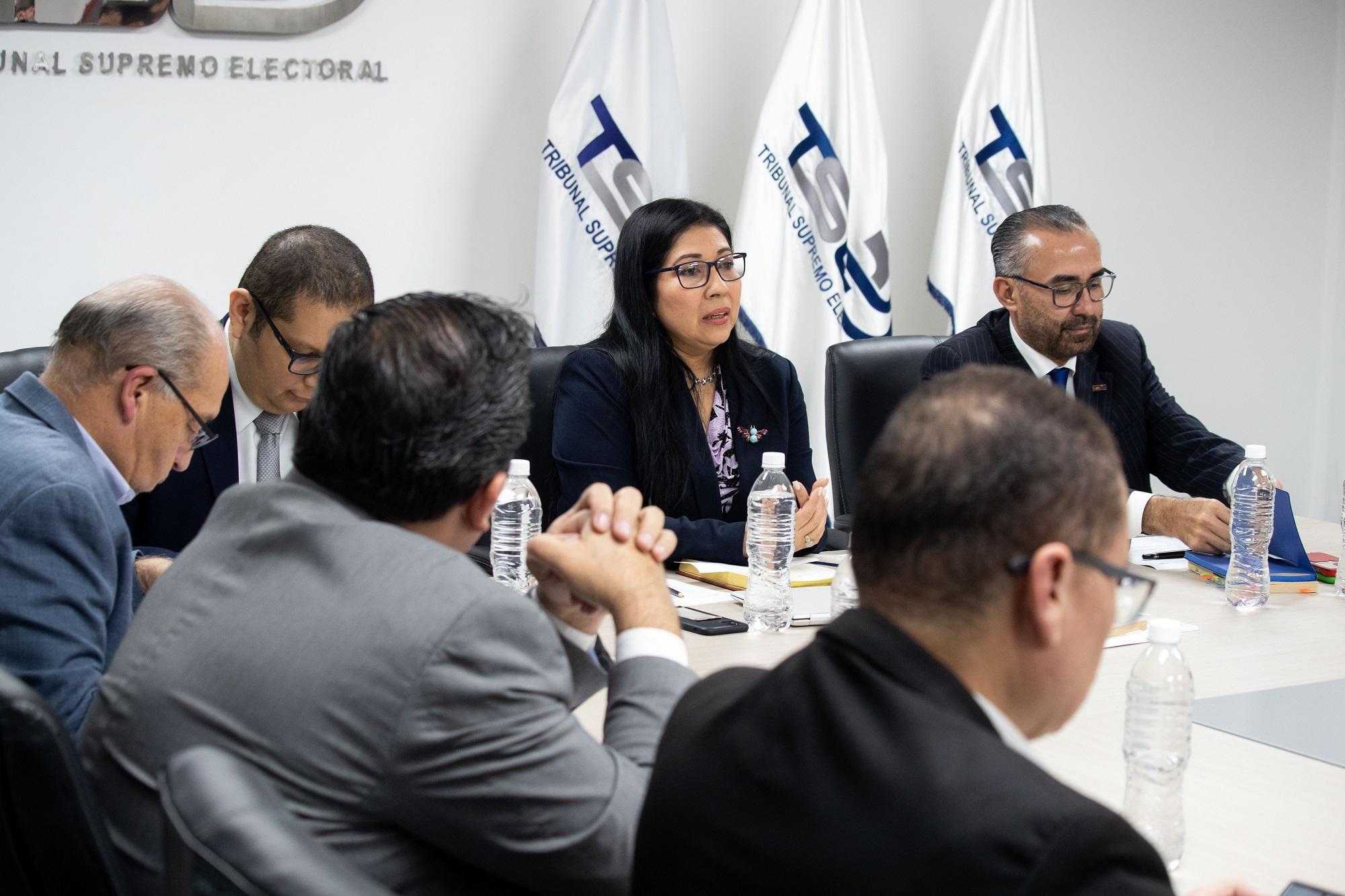 Dora Martínez de Barahona (centro), Noel Orellana (derecha), Rubén Orellana (izquierda), Guillermo Wellman (traje azul) son magistrados del TSE dede 2019. Tienen en sus manos la decisión de inscribir a Bukele como candidato presidencial de Nuevas Ideas. Foto de El Faro: TSE.