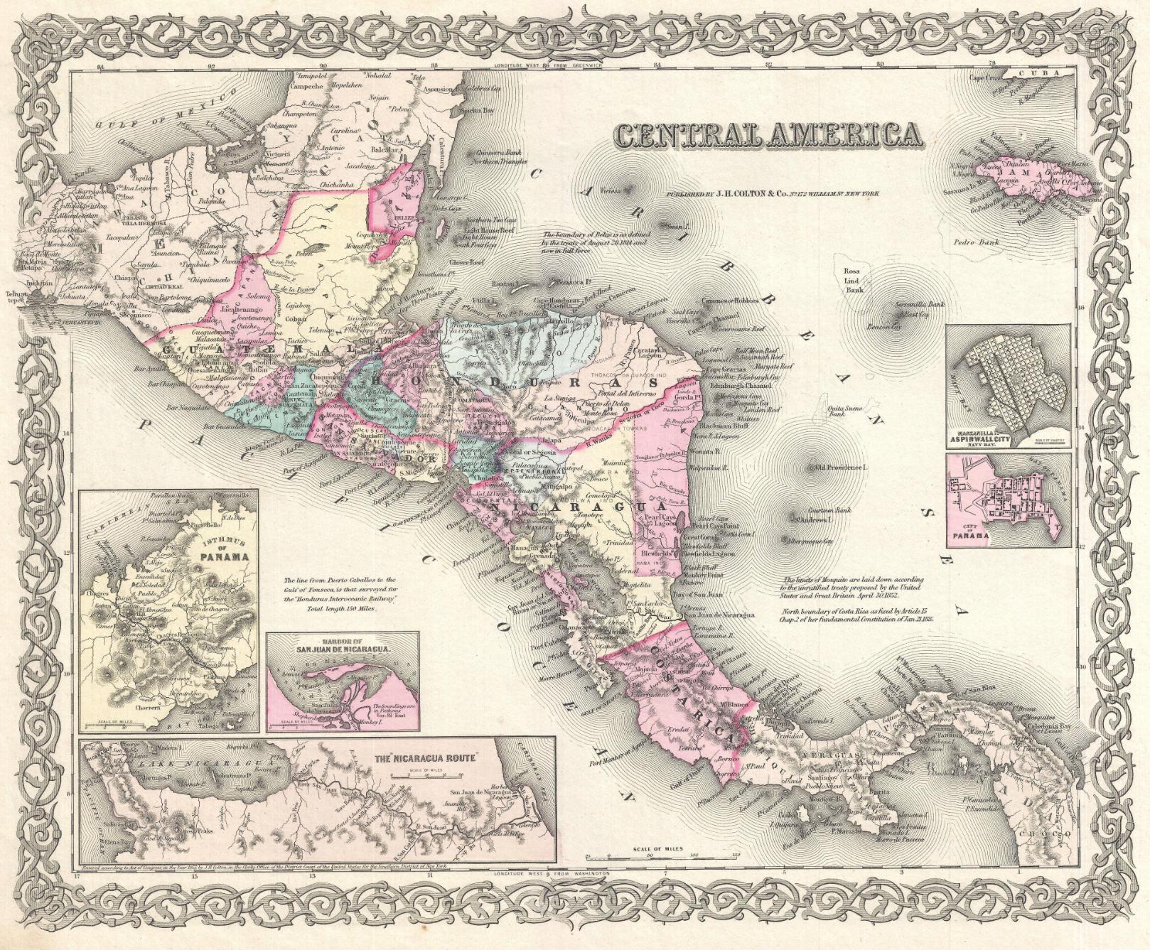 Mapa histórico de Centroamérica. “Central America” en  Colton