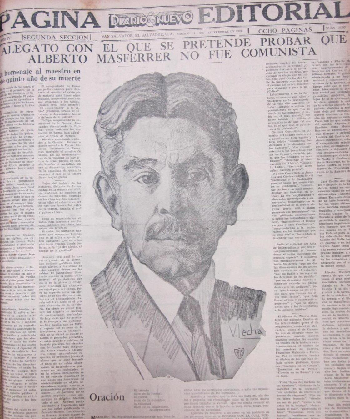 Editorial del periódico Diario Nuevo, el 4 de septiembre de 1937, en el que se debate si Masferrer era o no comunista. Las ideas de Masferrer, escritor, filósofo y político nacido en Alegría (El Salvador) en 1868 y fallecido en Tegucigalpa (Honduras) en 1932, siguen suscitando debates un siglo después. Destaca el impacto de su obra Minimun Vital.  