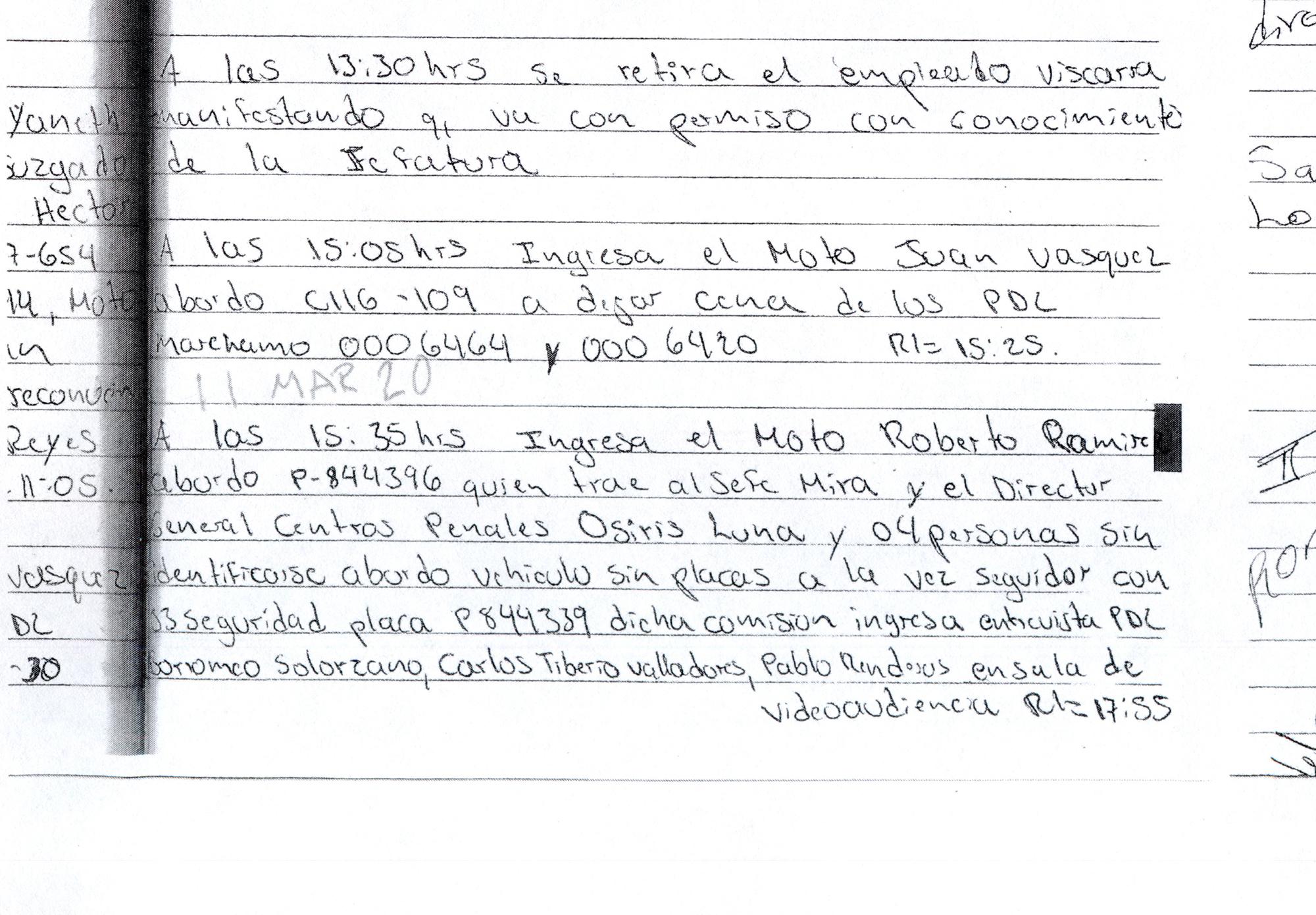  3:35 to 5:55 pm on March 11, 2020 in Zacatecoluca. Luna visited with a new group including then-deputy director of Centros Penales Élmer Mira, who was fired without public justification at the end of July. Luna and Mira arrived in an official vehicle from Centros Penales, while “four unidentified people” arrived in a plateless vehicle. The logbooks note that the group entered the video conference room to speak with Diablito, Snyder, and Pablo Renderos. El Faro reviewed Zacatecoluca prison records confirming that Pablo Antonio Renderos Cruz, alias Bad Spirit or Gato of the Iberias clique, was sentenced to 35 years in 2007 for first-degree murder and illicit association.