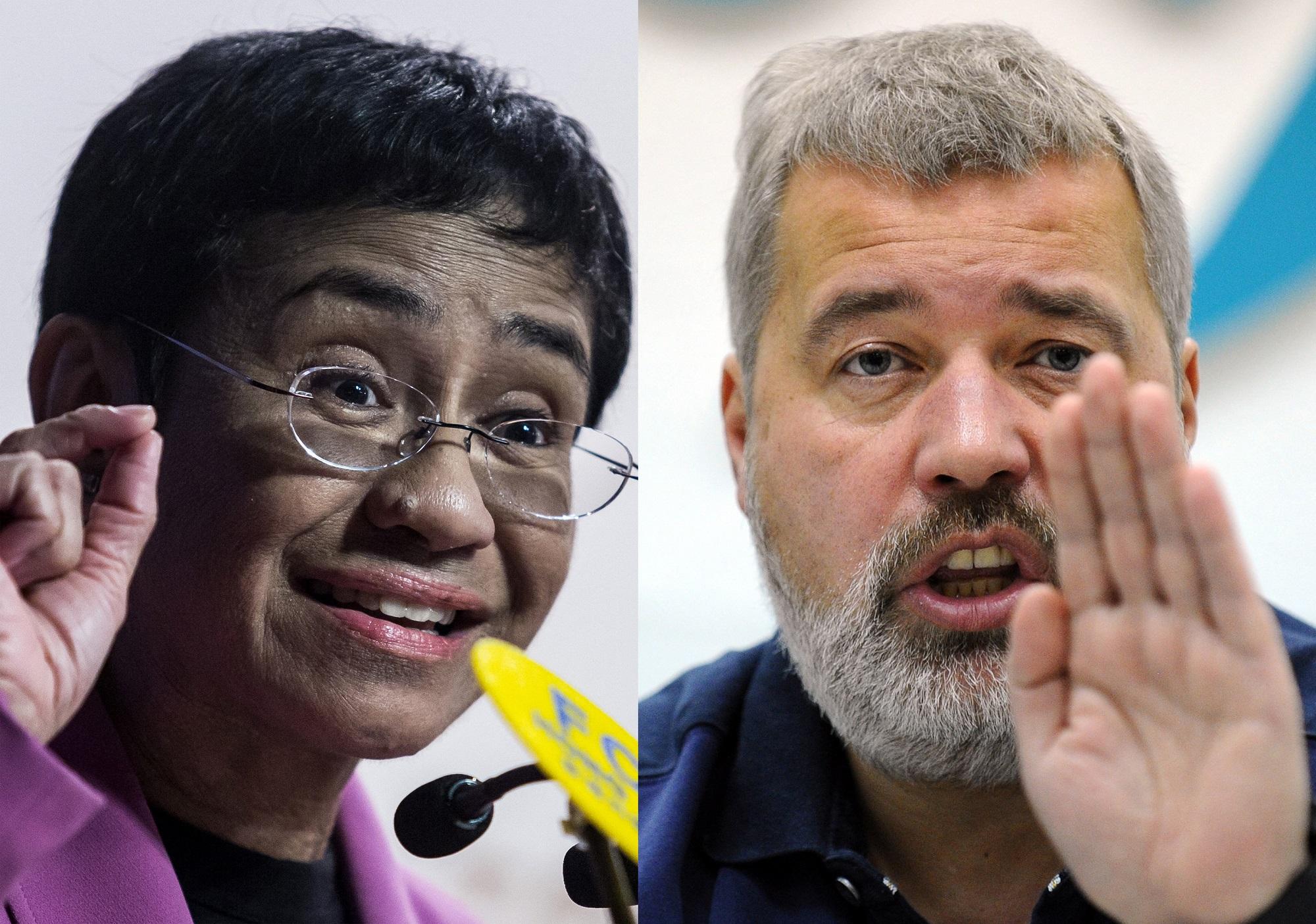 Maria Ressa, cofundadora y CEO de Rappler, un medio con sede en Filipinas, durante una intervención cuando recibió el premio Human Rights Press Awards en el Club de Corresponsales Extranjeros de Hong Kong, el 16 de mayo de 2019. Dimitri Muratov, editor en jefe de uno de los periódicos más importantes de Russia que fiscalizan al gobierno de Vladimir Putin, durante una conferencia de prensa en Moscú, el 11 de diciembre de 2012. Ressa Foto de AFP: Isaac Lawrence y Yuri Kadobnov.