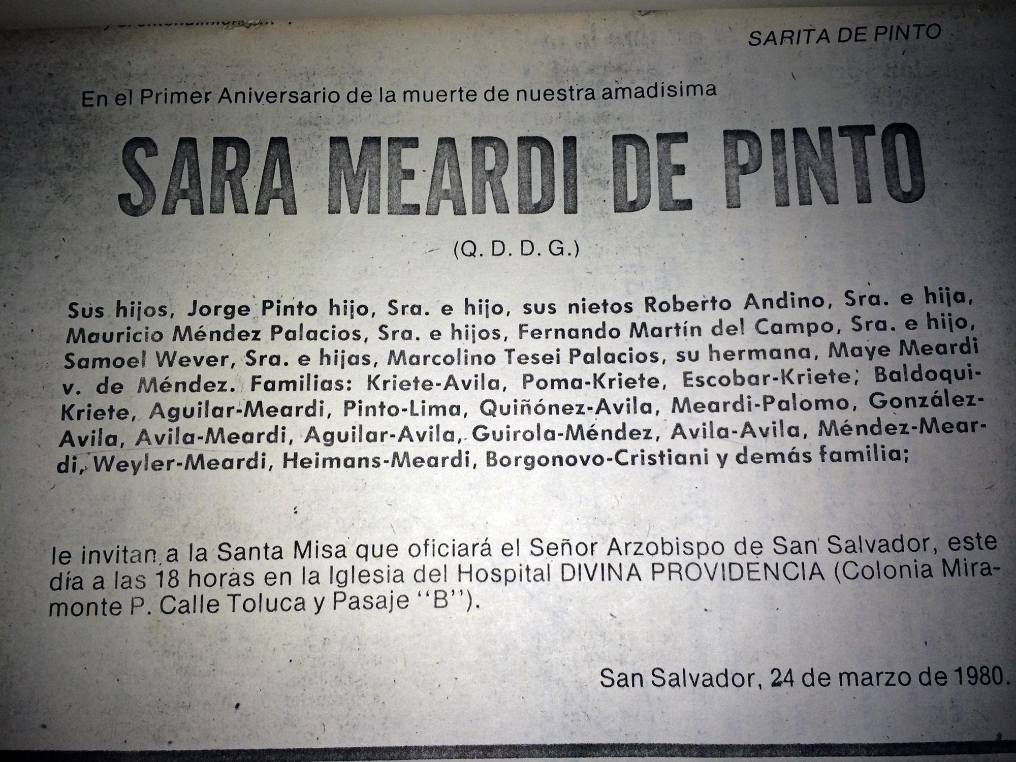 Esquela publicada en La Prensa Gráfica, el lunes 24 de marzo de 1980, día en que monseñor Romero fue asesinado en la capilla del hospital La Divina Providencia. Foto: Archivo El Faro. 