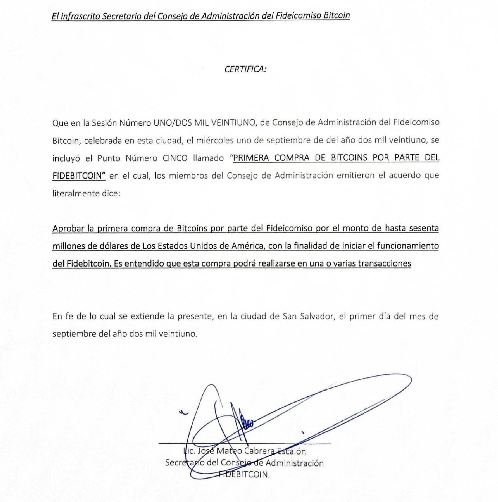 Acta 1 del Consejo de Administración de Fidebitcoin en la que autorizaron la compra de bitcoins.