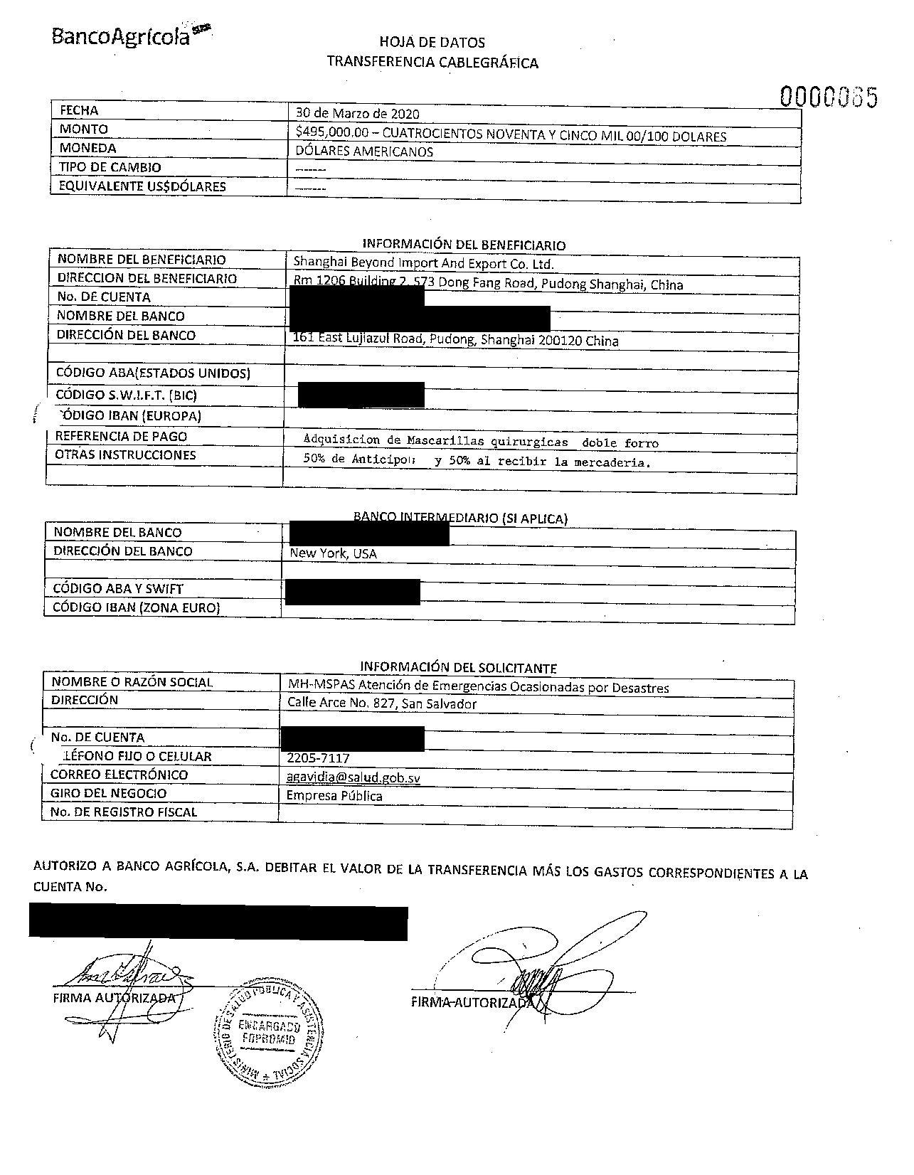 Transferencia cablegráfica del Minsal a Shanghai Beyond Import and Export, por $495mil, en concepto de anticipo del 50% del contrato. 