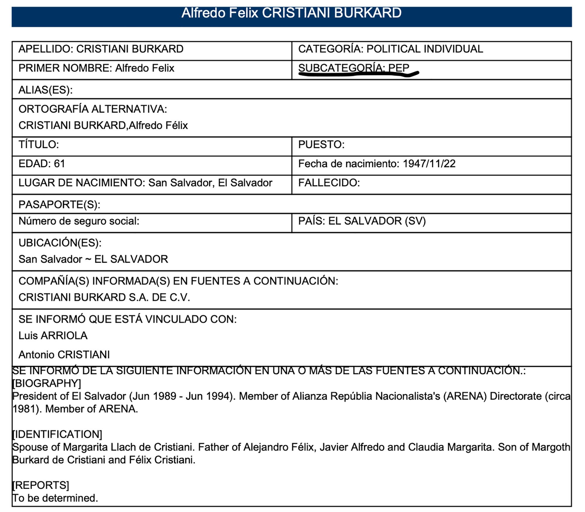 Imagen en la que se muestra que el expresidente Cristiani era catalogado por el agente legal en Islas Vírgenes como una Personalidad Políticamente Expuesta. Imagen tomada de los archivos filtrados a ICIJ.