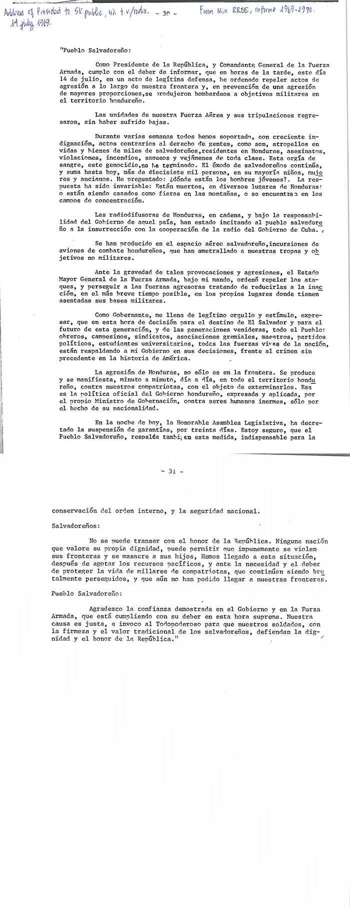 Discurso del Presidente Fidel Sánchez Hernández, transmitido por radio y televisión al pueblo salvadoreño el 14 de julio de 1969.