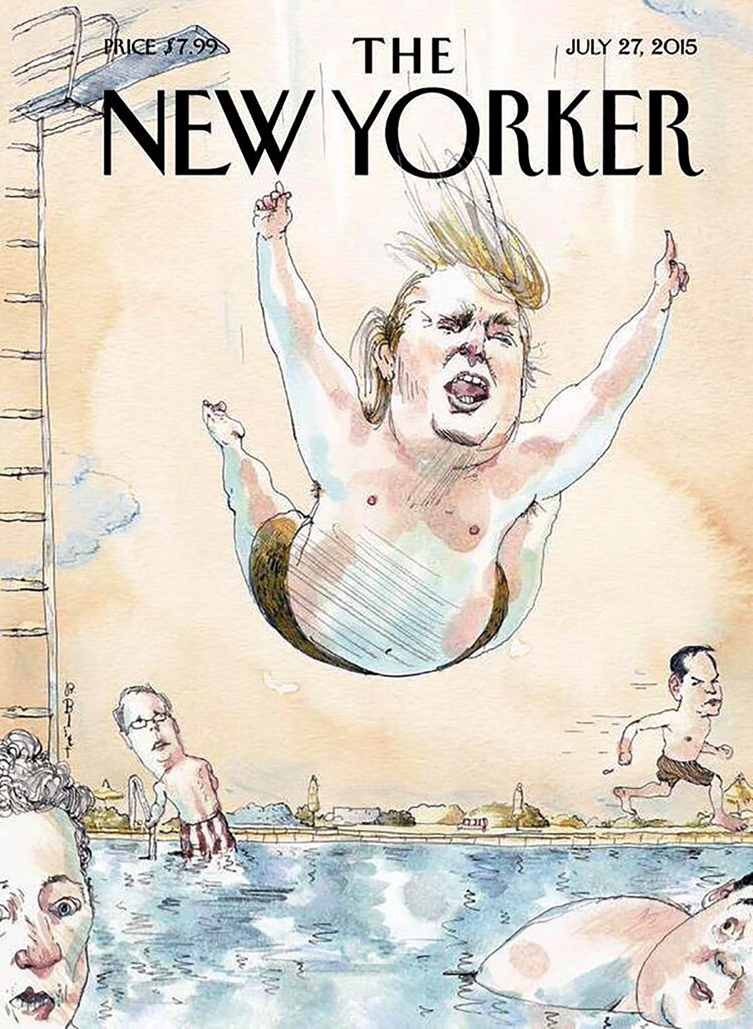 Portada de la revista en julio de 2015. La caricatura hacía mofa de la candidatura de Trump en el partido Republicano, en momentos en que su presencia mediática comenzaba a despuntar por sus comentarios racistas. 