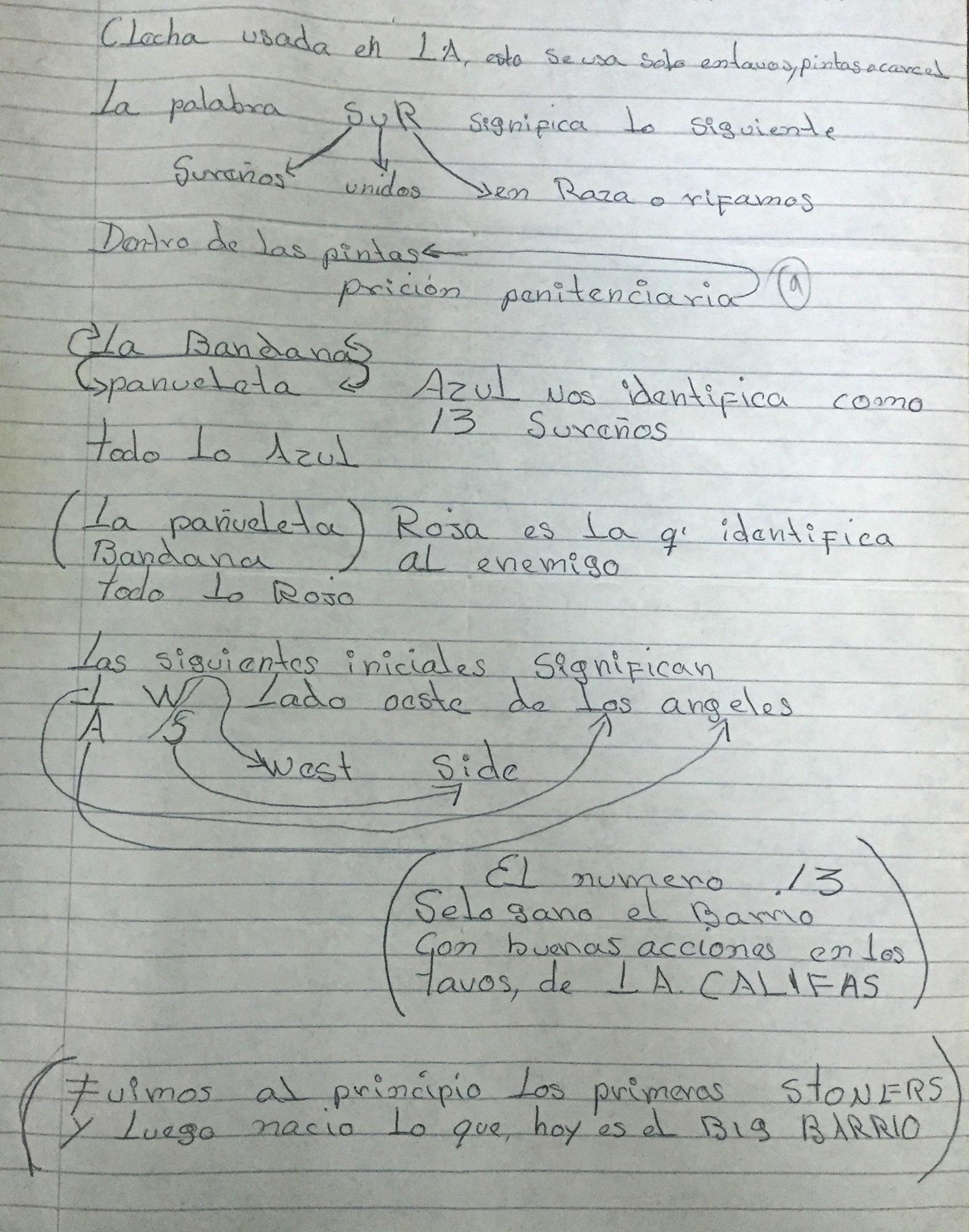 Cuaderno decomisado a José Luis Mendoza Figueroa, alias El Pavas, en el que explica a nuevos pandilleros cómo surgió la MS-13 en los Estados Unidos. El Pavas cumple una condena de 49 años de prisión por homicidio.