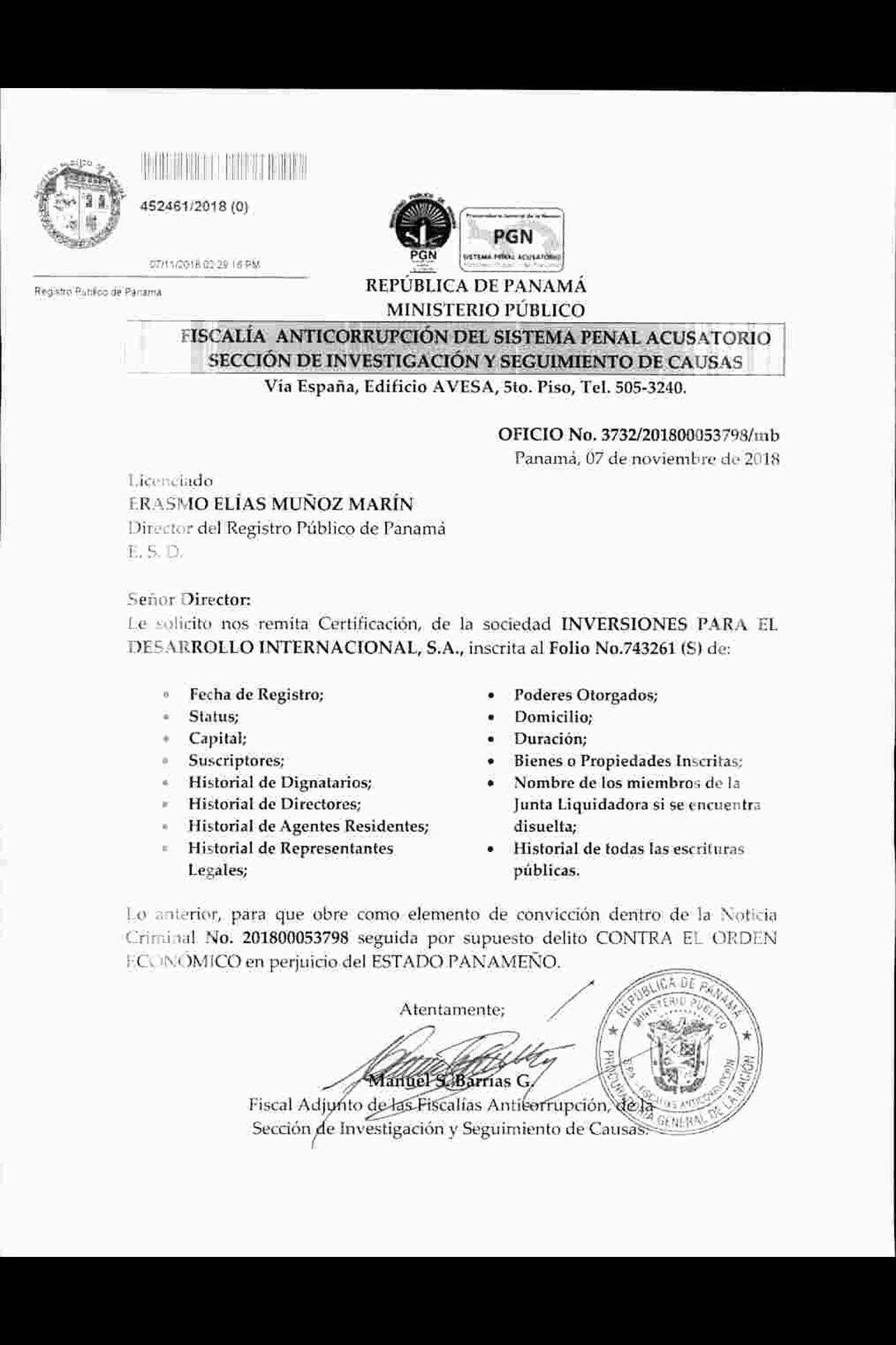 Este es uno de los dos oficios que el Ministerio Público envió al Registro Público de Panamá, en el cual solicita a detalle información de empresas relacionadas con Alba Petróleos.