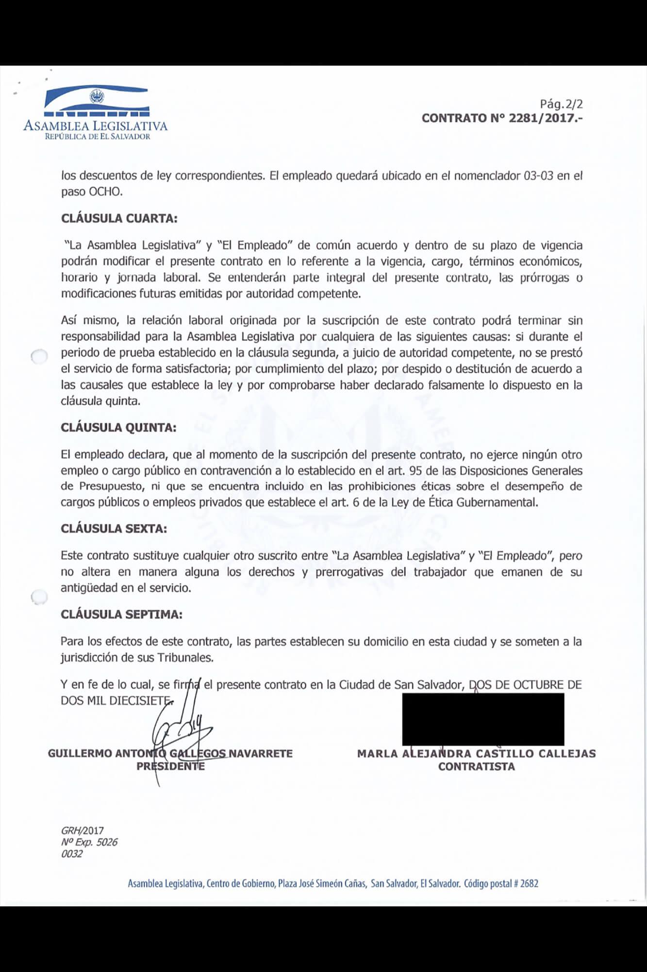 Contrato de Marla Alejandra Castillo Callejas, nuera de Julia de Gallegos.