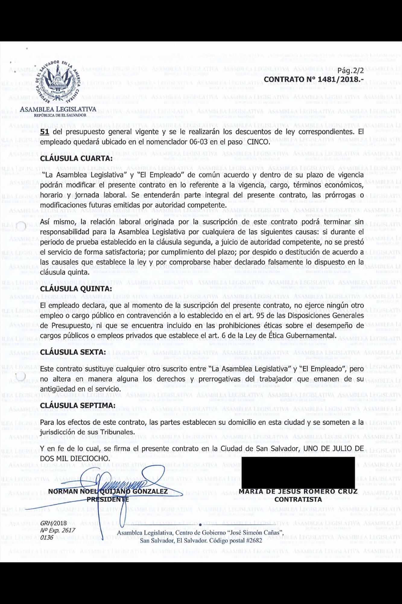 Contrato de una de las cuñadas de Gallegos, firmado por el entonces presidente Norman Quijano. En la Junta Directiva que aprobó esa contratación Gallegos era vicepresidente. Este caso no será investigado por el TEG. 
