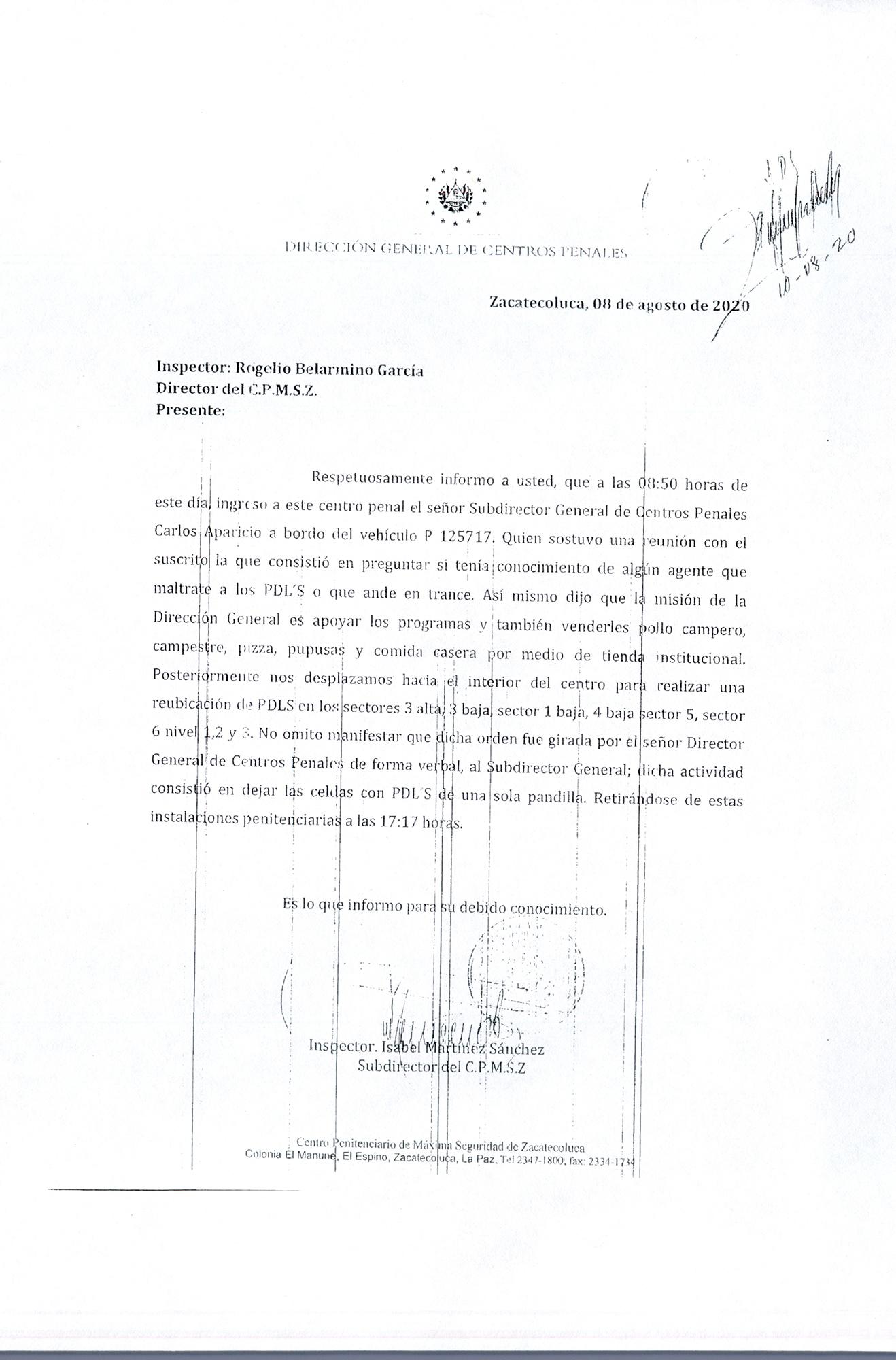 In this memorandum the maximum-security facility Zacatecoluca deputy warden states that Osiris Luna himself ordered the reversal of the decision to merge the cell blocks of opposing gangs and to return to the norm of gang-based segregation within the facilities. A source within Centros Penales, the prison administration headed by Luna, confirmed to El Faro that the reversal had been instituted across all prisons housing gangs.