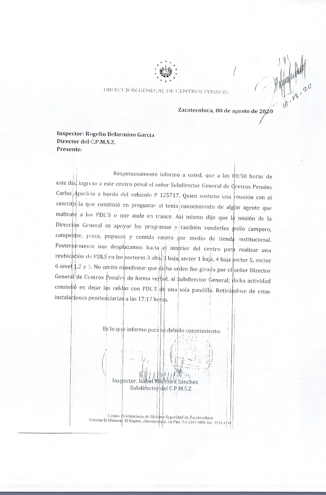 En este memorando enviado por el subdirector del penal de máxima seguridad de Zacatecoluca al director de ese centro el ocho de agosto, se asegura que fue el propio Osiris Luna quien ordenó revertir la decisión de mezclar a pandilleros contrarios en las celdas, para volver a la modalidad de celdas exclusivas para cada pandilla. Una fuente de Centros Penales aseguró a este periódico que la medida se ha aplicado en todos las cárceles de pandillas.