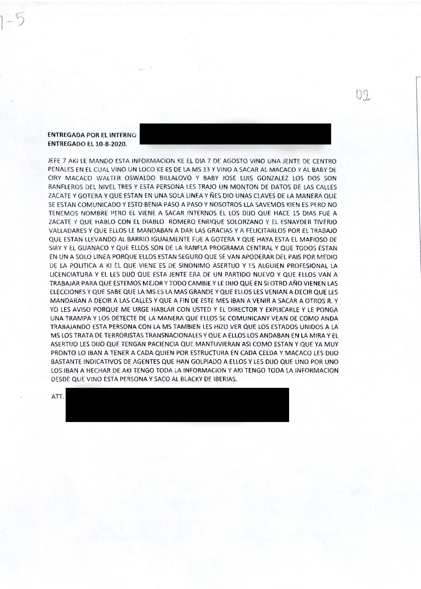 Transcripción de una de las wilas que hablan sobre lo ocurrido el día 7 de agosto en Izalco Fase III. La imagen corresponde a un documento de inteligencia penitenciaria que El Faro recibió junto al resto de documentos oficiales. 