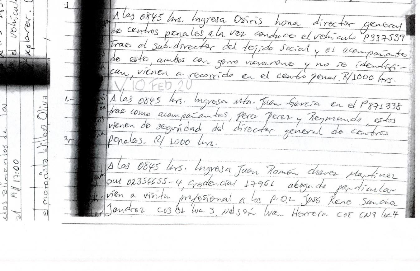 10 de febrero de 2020: de 08:45 a 10:00 en Zacatecoluca. Apareció de nuevo el subdirector de Tejido Social, Bermúdez. Se infiere, por la forma en que está redactado el informe en el libro de novedades, que el custodio reconoció al funcionario a pesar de que este utilizó navarone. Ingresaron a las 8:45 de la mañana en el vehículo P337-539, conducido por Luna. Luego, se lee: “con el subdirector del Tejido Social y acompañante de este, ambos con gorro navarone y no se identifican. Vienen a recorrido en centro penal”.