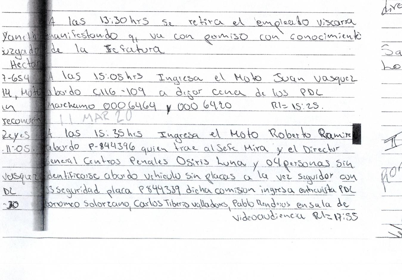 11 de marzo de 2020: de 15:35 a 17:55 en Zacatecoluca. Luna estuvo dentro del penal de Zacatecoluca con una nueva comitiva donde también iba el entonces subdirector Élmer Mira, removido a finales de julio sin que se diera ninguna justificación pública de su despido. Luna y Mira llegaron en un carro de Centros Penales, mientras que “cuatro personas sin identificarse” entraron en un vehículo sin placas. Los libros registran que en esa ocasión la comitiva ingresó a la sala de videoaudiencias a conversar con Diablito, Snyder y Pablo Renderos. El Faro constató en archivos penitenciarios que en Zacatecoluca guarda prisión Pablo Antonio Renderos Cruz, el Bad Spirit o Gato de la clica de Iberias, condenado a 35 años en 2007 por el Juzgado Cuarto de Sentencia en un caso de agrupaciones ilícitas y homicidio simple.