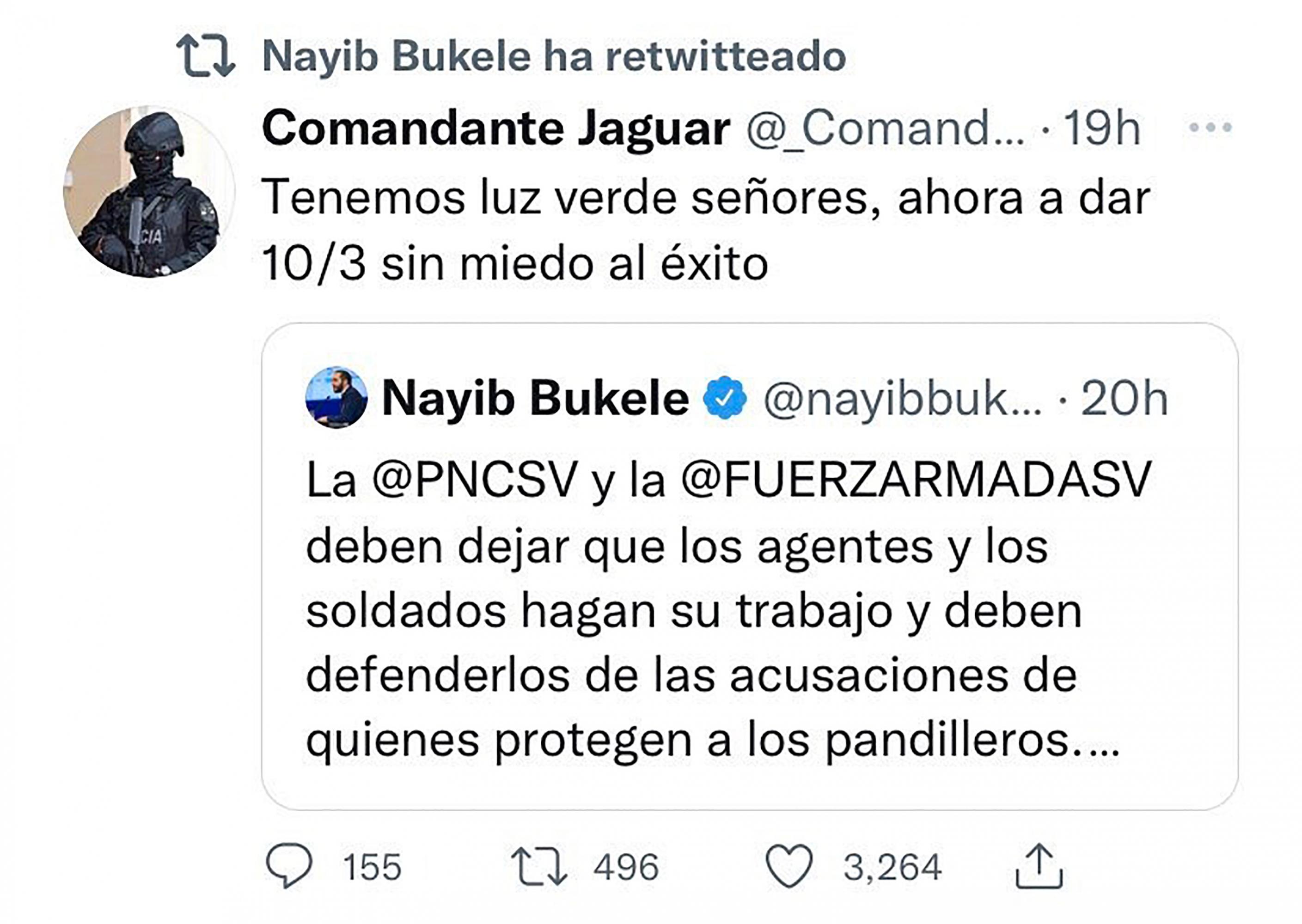 En redes sociales, cuentas anónimas celebraron las medidas tomadas por el presidente Bukele. Imagen: Captura tomada de Twitter.