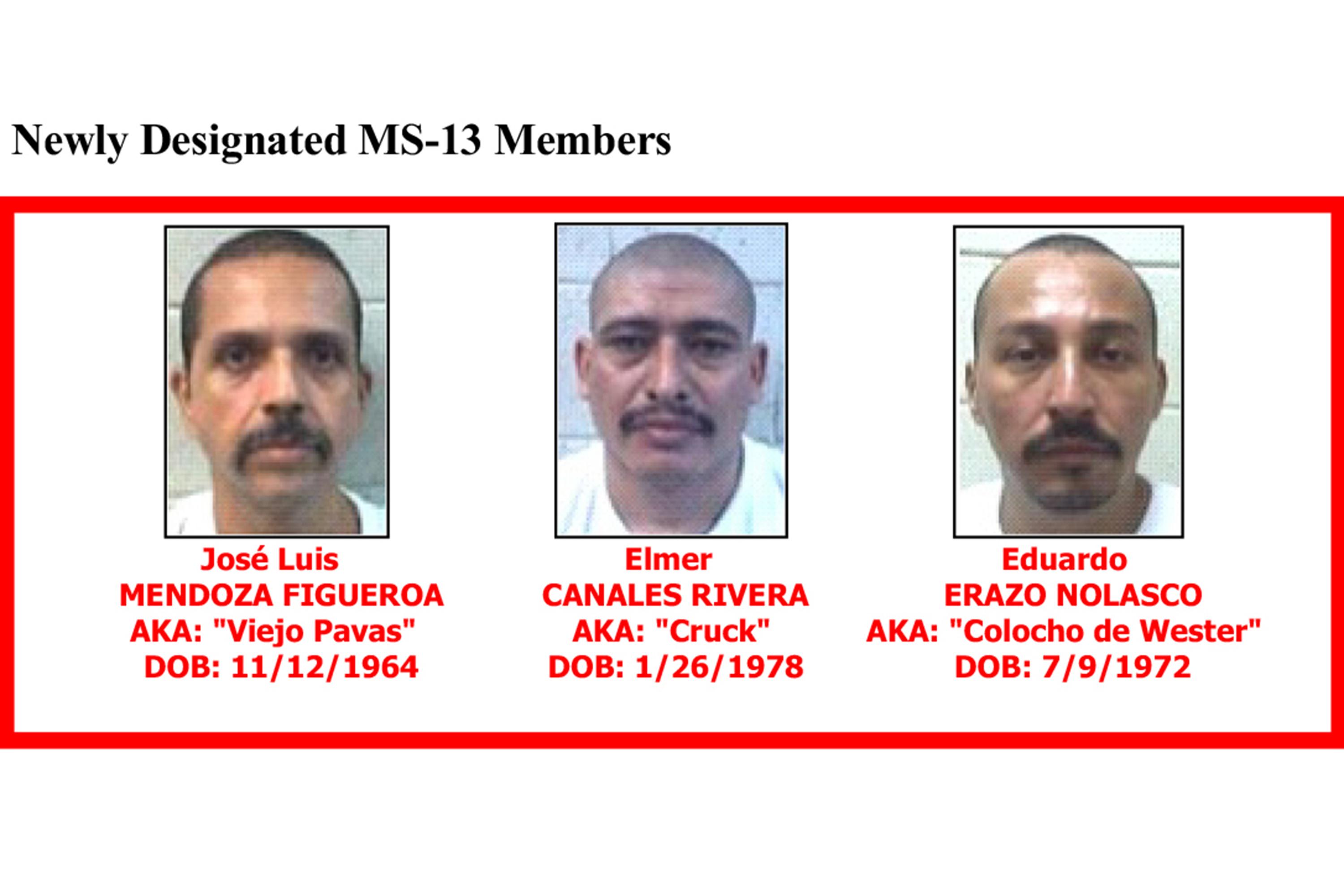 En abril de 2015, el Departamento del Tesoro del Gobierno de Estados Unidos designó a Élmer Canales, Crook (en medio de la imagen), junto a otros líderes, como cabecilla de la MS-13, agrupación que en 2012 fue designada por la administración Obama como organización criminal transnacional de relevancia. Foto: tomada de la página del Departamento del Tesoro. 